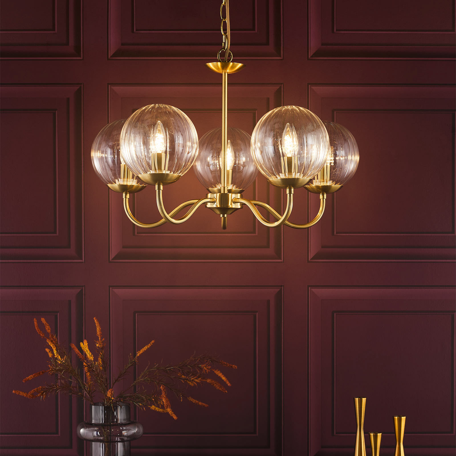 Jocelyn 5 Light Armed Pendant Natural Brass and Glass