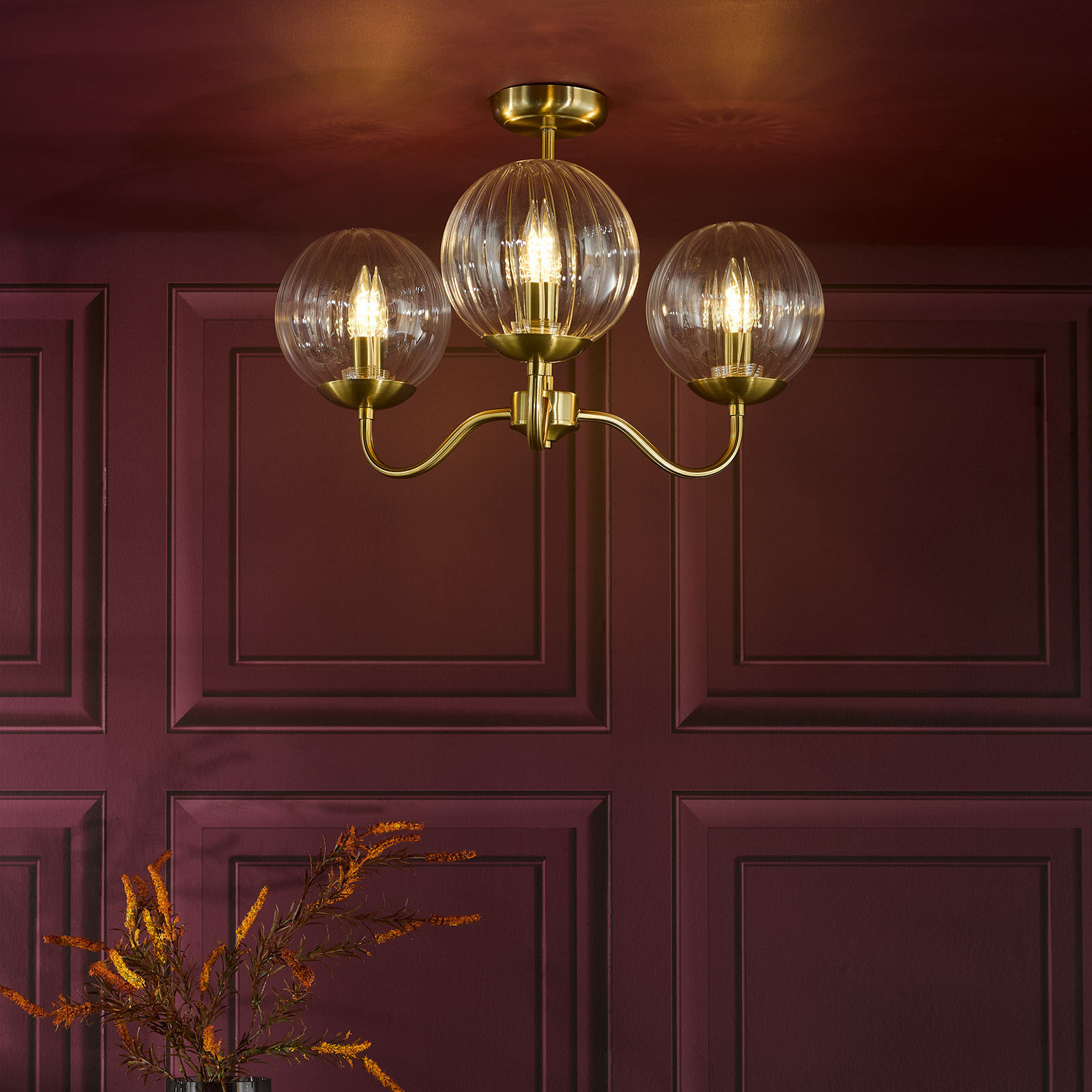 Jocelyn 3 Light Semi-Flush Natural Brass and Glass