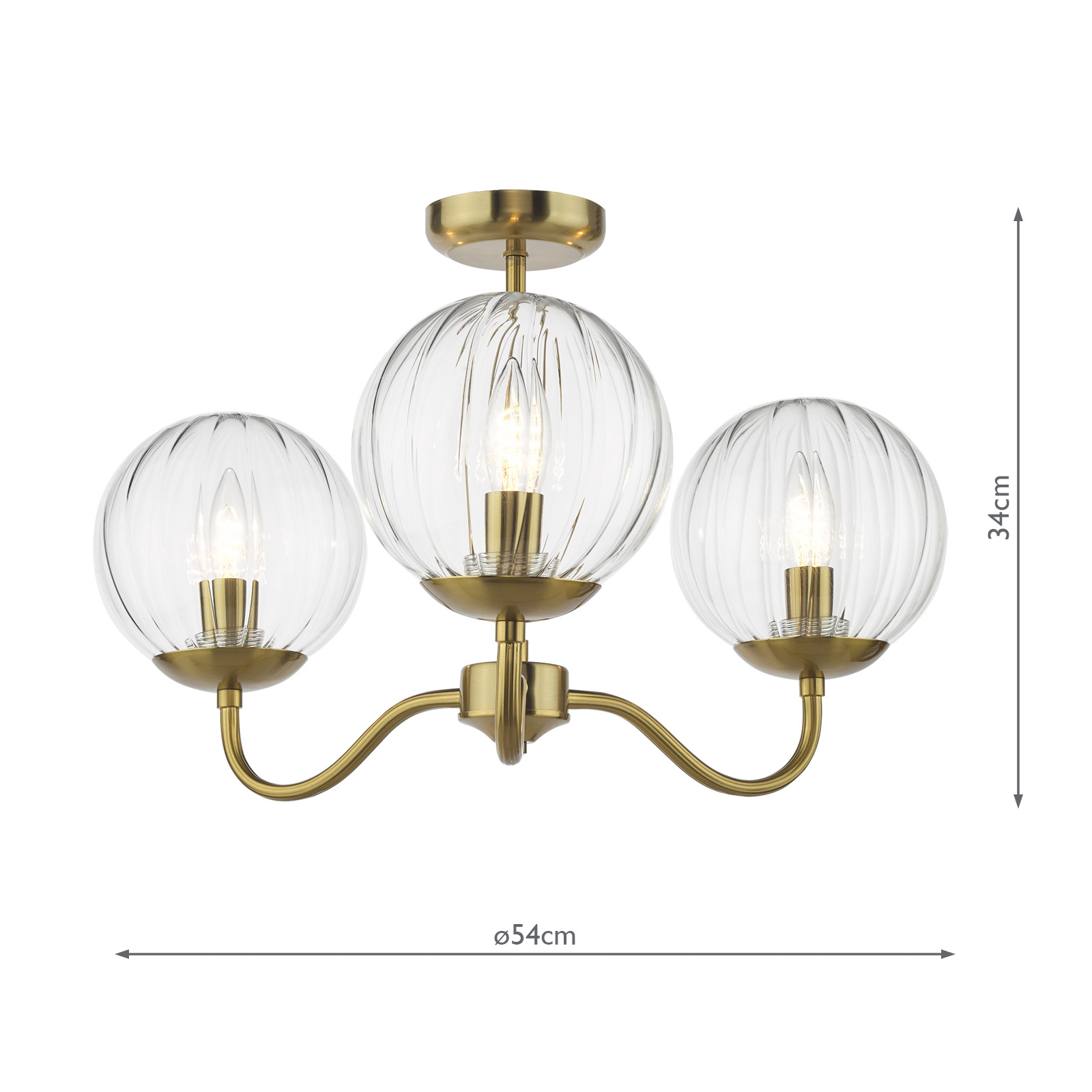 Jocelyn 3 Light Semi-Flush Natural Brass and Glass