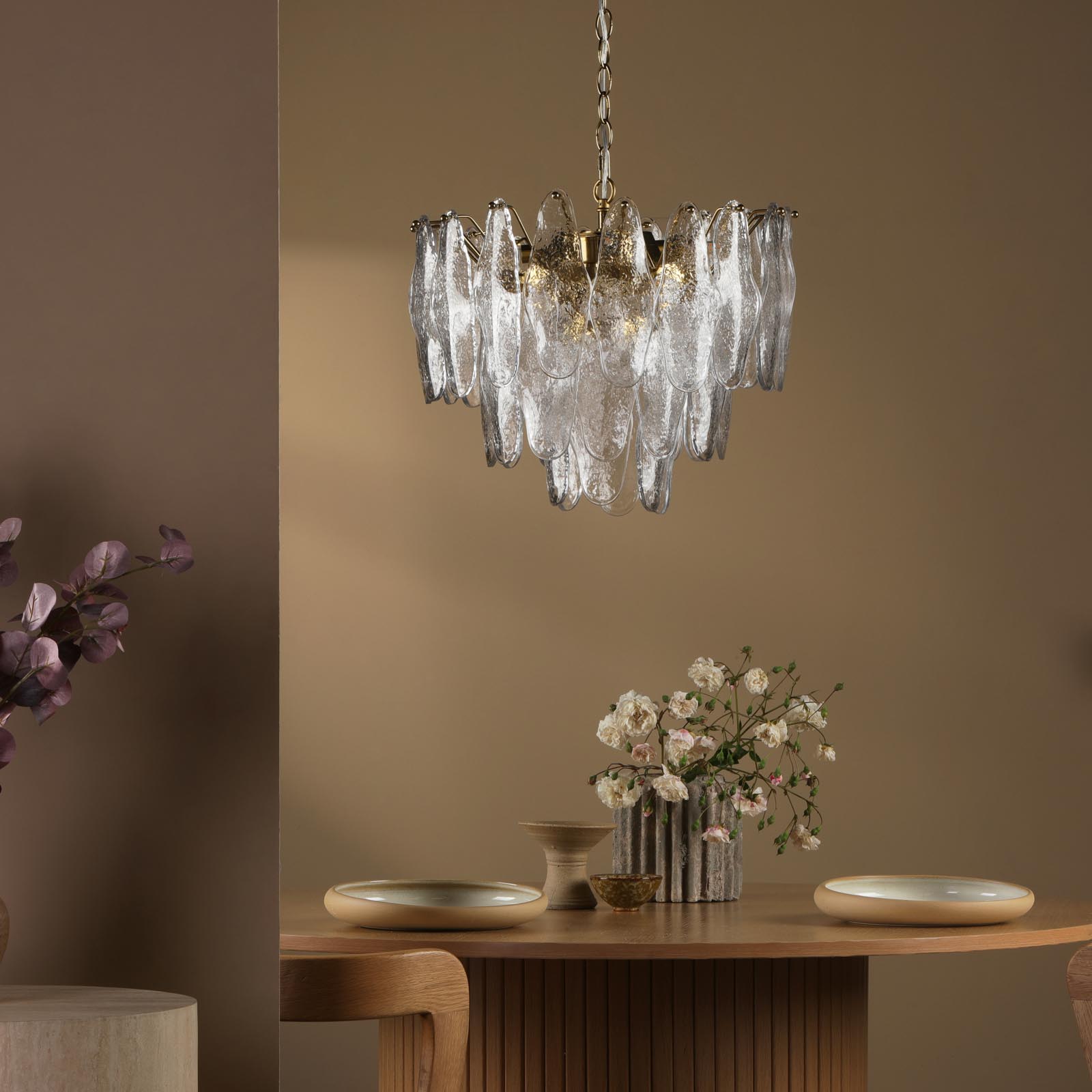 Kimmia 6 Light Pendant Natural Brass and Textured Glass
