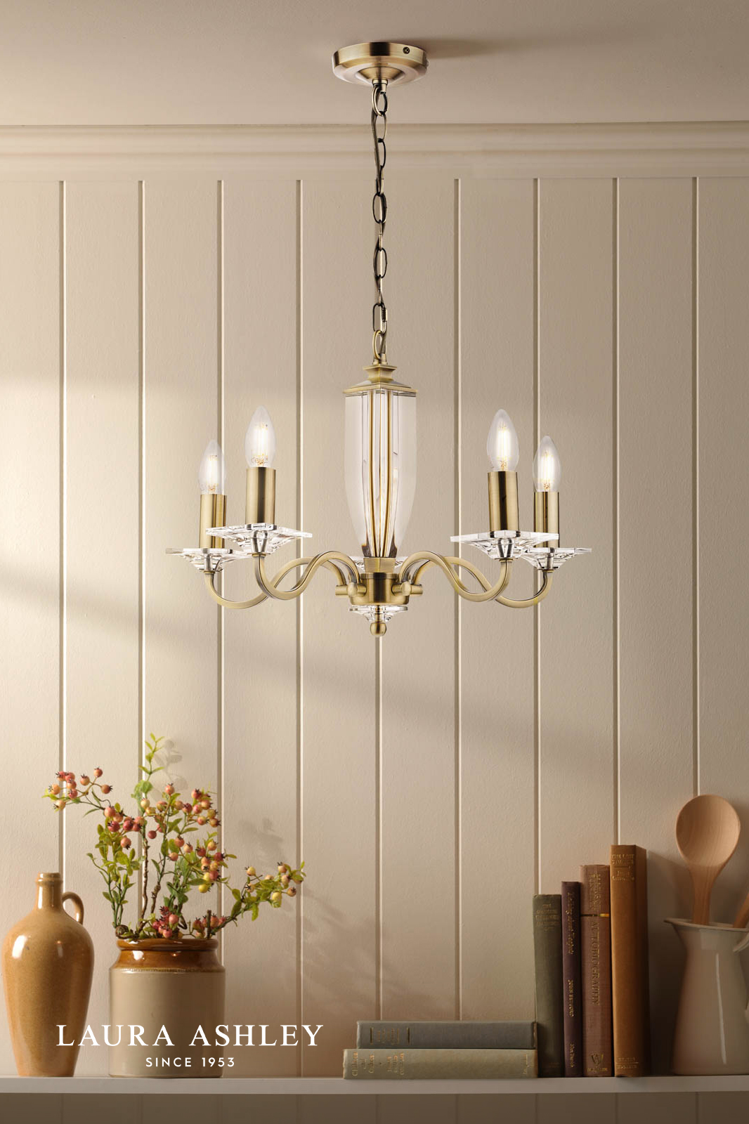 Laura Ashley Carson 5 Light Armed Pendant Antique Brass and Crystal Fitting Only