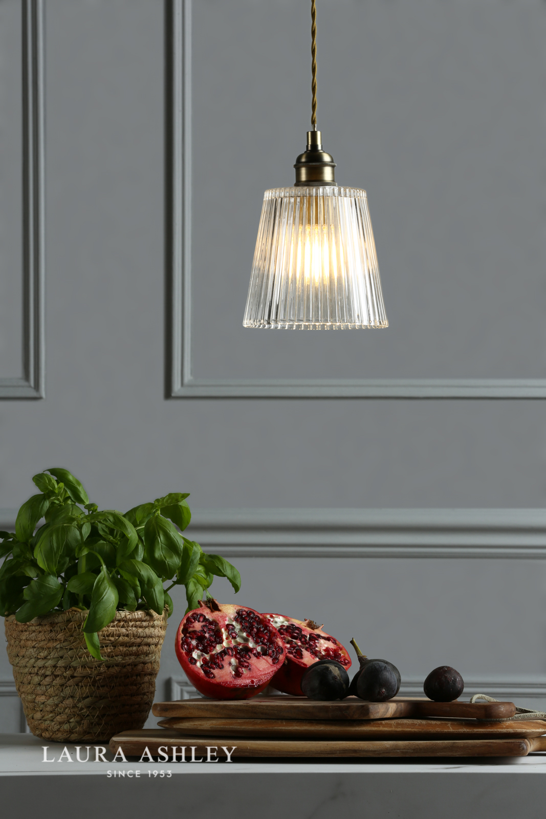 Laura Ashley Callaghan Pendant Antique Brass Ribbed Glass 