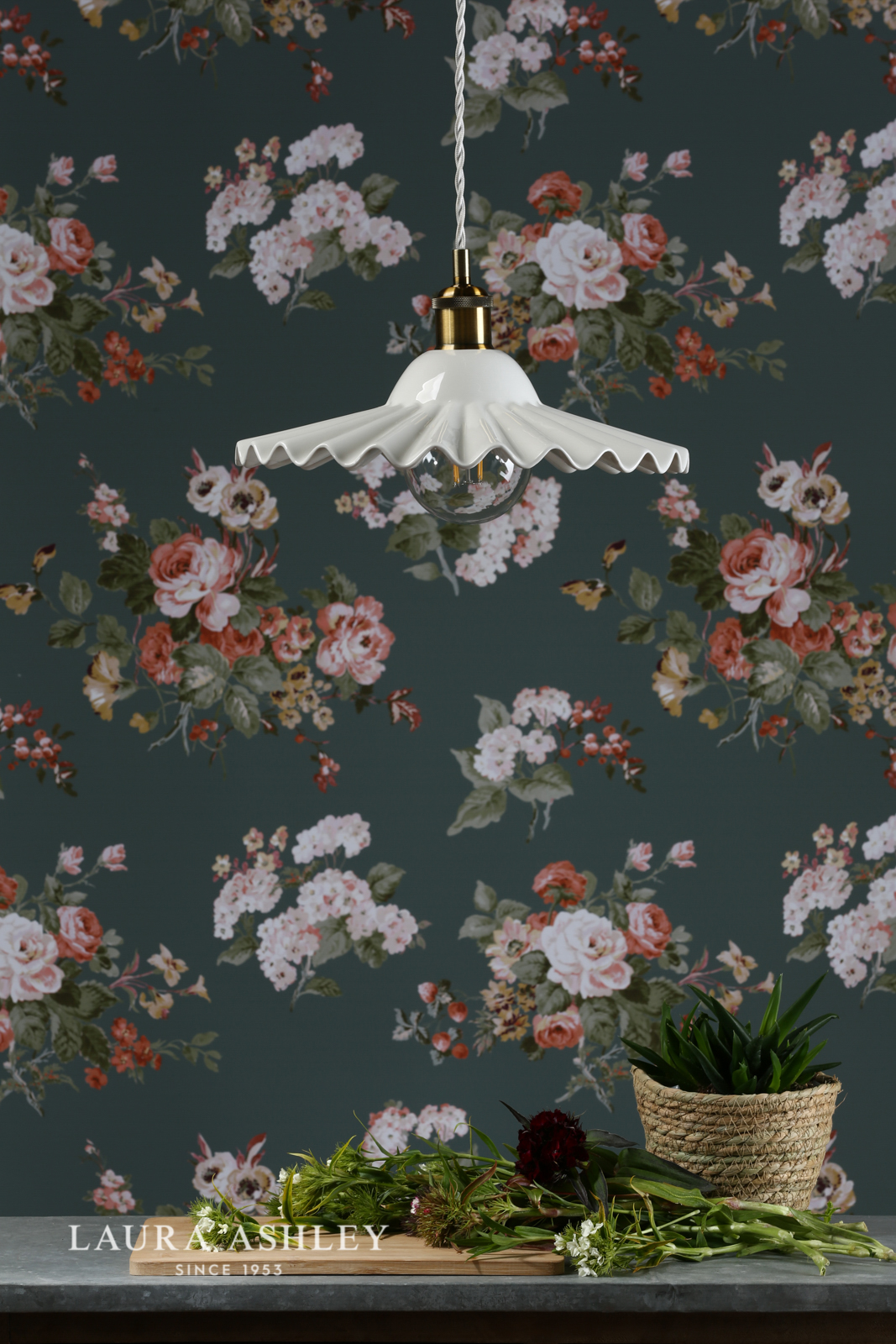 Laura Ashley Beca Large Pendant White Ceramic Antique Brass 