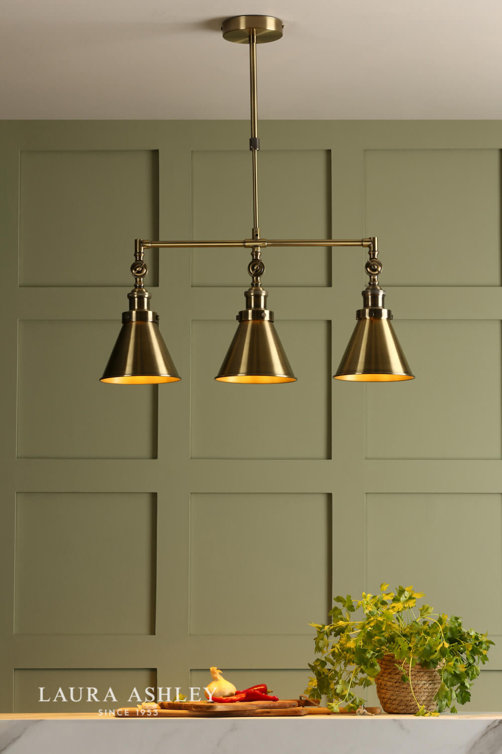 Laura Ashley Rufus 3 Light Bar Pendant Antique Brass