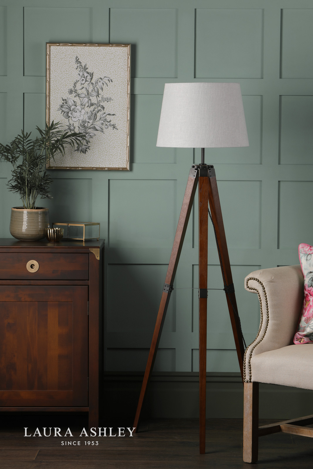 Laura Ashley Burdale Tripod Floor Lamp Dark Wood & Industrial Brass Base Only