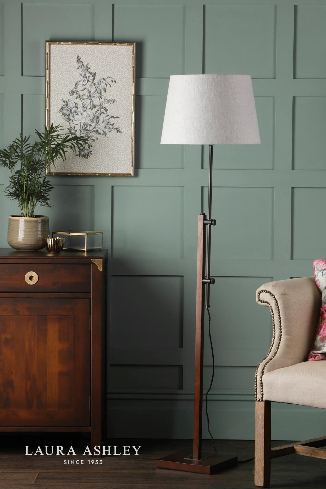 Laura Ashley Burdale Adjustable Floor Lamp Dark Wood & Industrial Brass Base Only