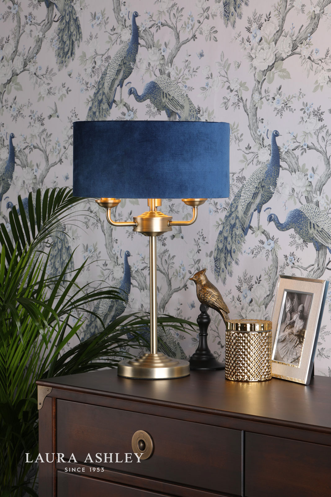 Laura Ashley Sorrento 3 Light Table Lamp Antique Brass & Blue Shade