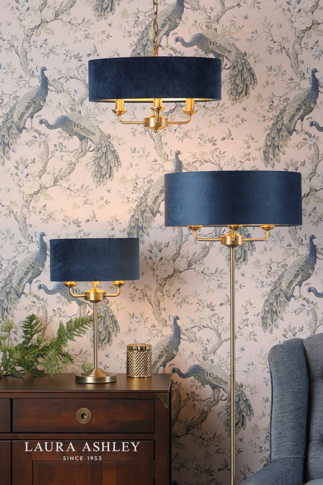 Laura Ashley Sorrento 3 Light Table Lamp Antique Brass & Blue Shade