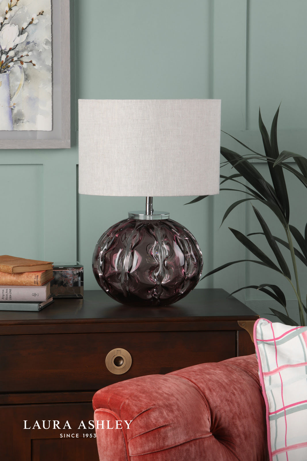 Laura Ashley Elderdale Table Lamp Pink Art Glass and Polished Chrome With Shade