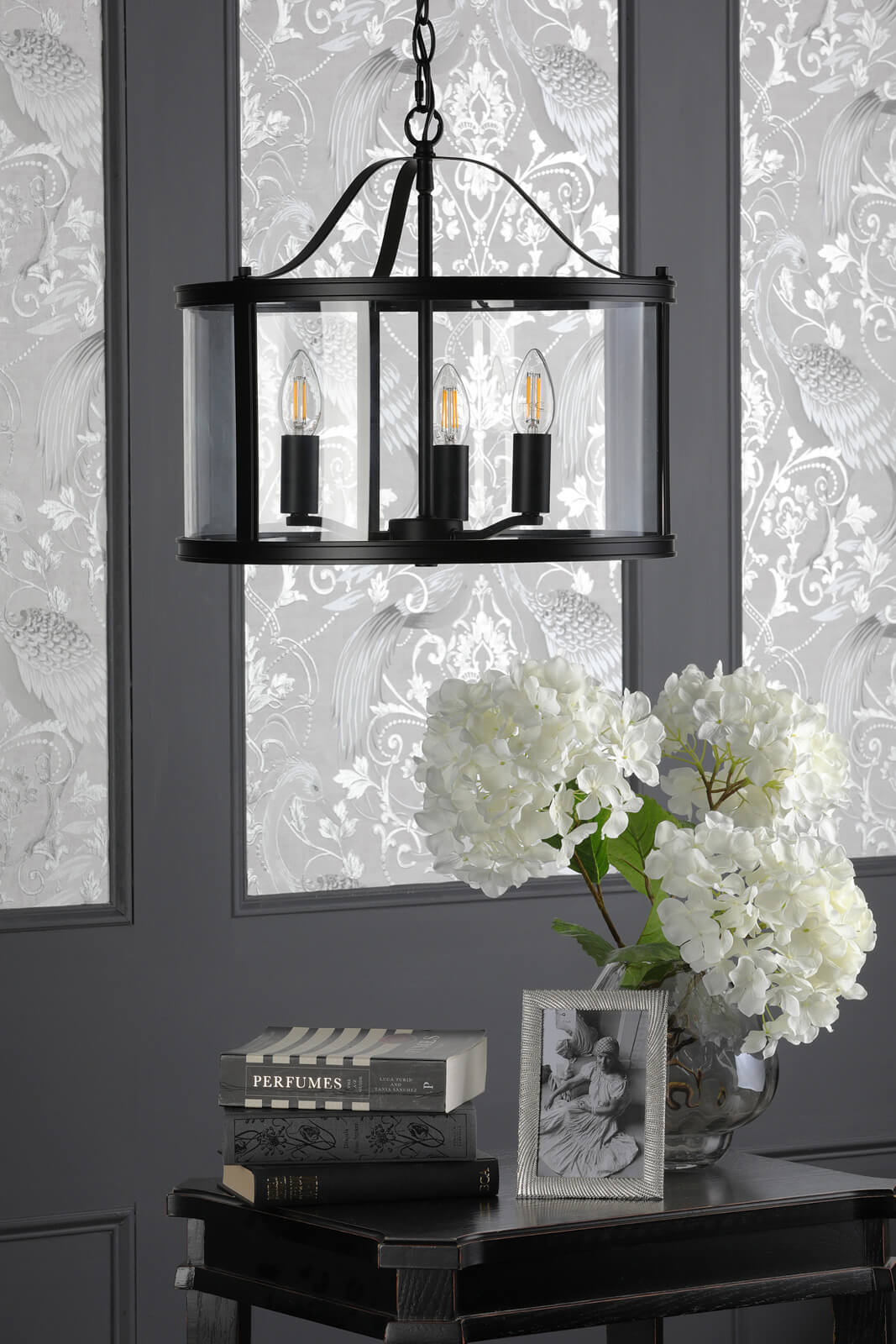 Laura Ashley Harrington 3 Light Pendant Matt Black and Glass