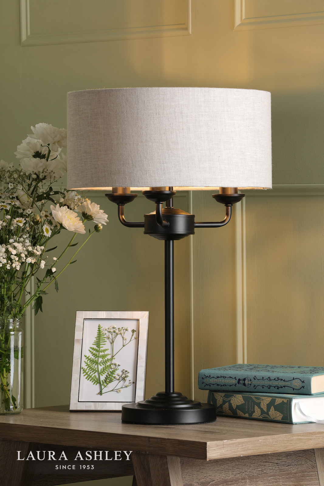 Laura Ashley Sorrento 3 Light Table Lamp Matt Black and Natural With Shade