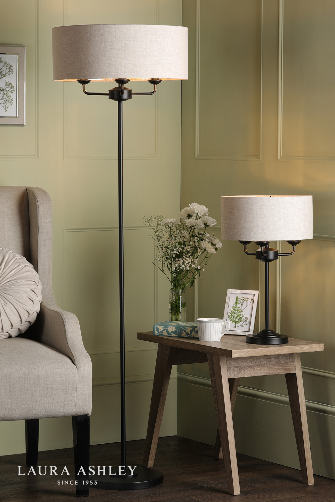 Laura Ashley Sorrento 3 Light Table Lamp Matt Black and Natural With Shade