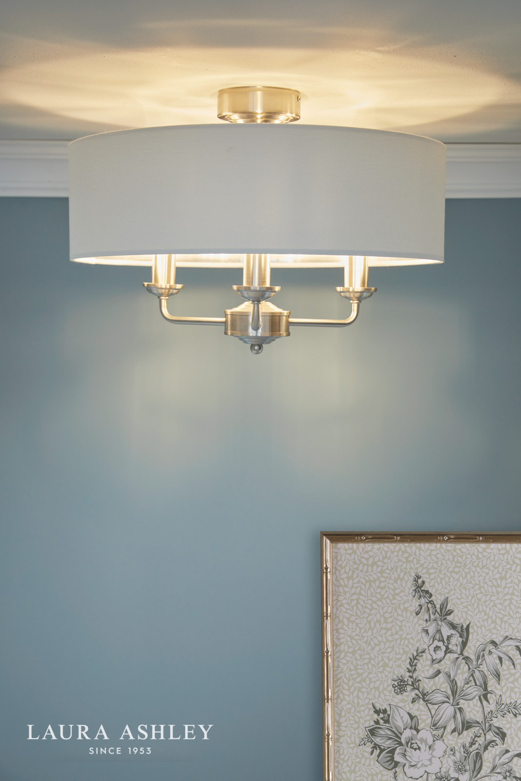 Laura Ashley Sorrento 3 Light Semi-Flush Satin Nickel and Natural With Shade