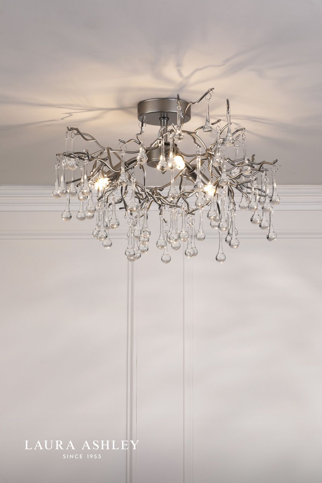 Laura Ashley Willow 3 Light Semi-Flush Satin Pewter and Crystal