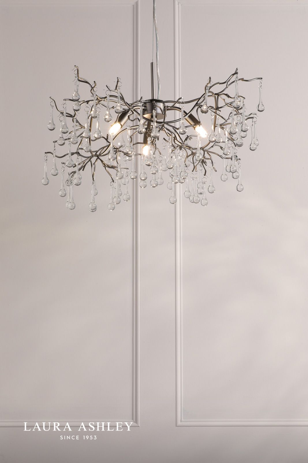 Laura Ashley Willow 3 Light Pendant Satin Pewter and Crystal