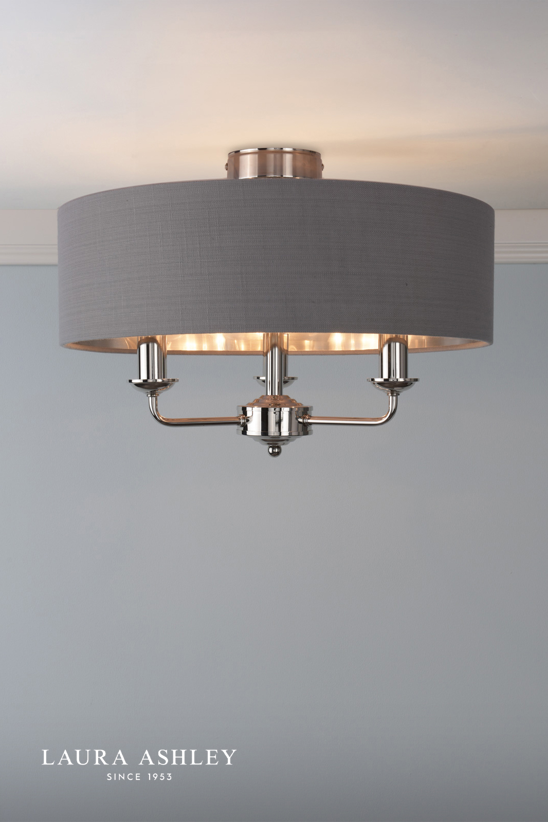 Laura Ashley Sorrento 3 Light Semi-Flush Polished Nickel With Charcoal Shade