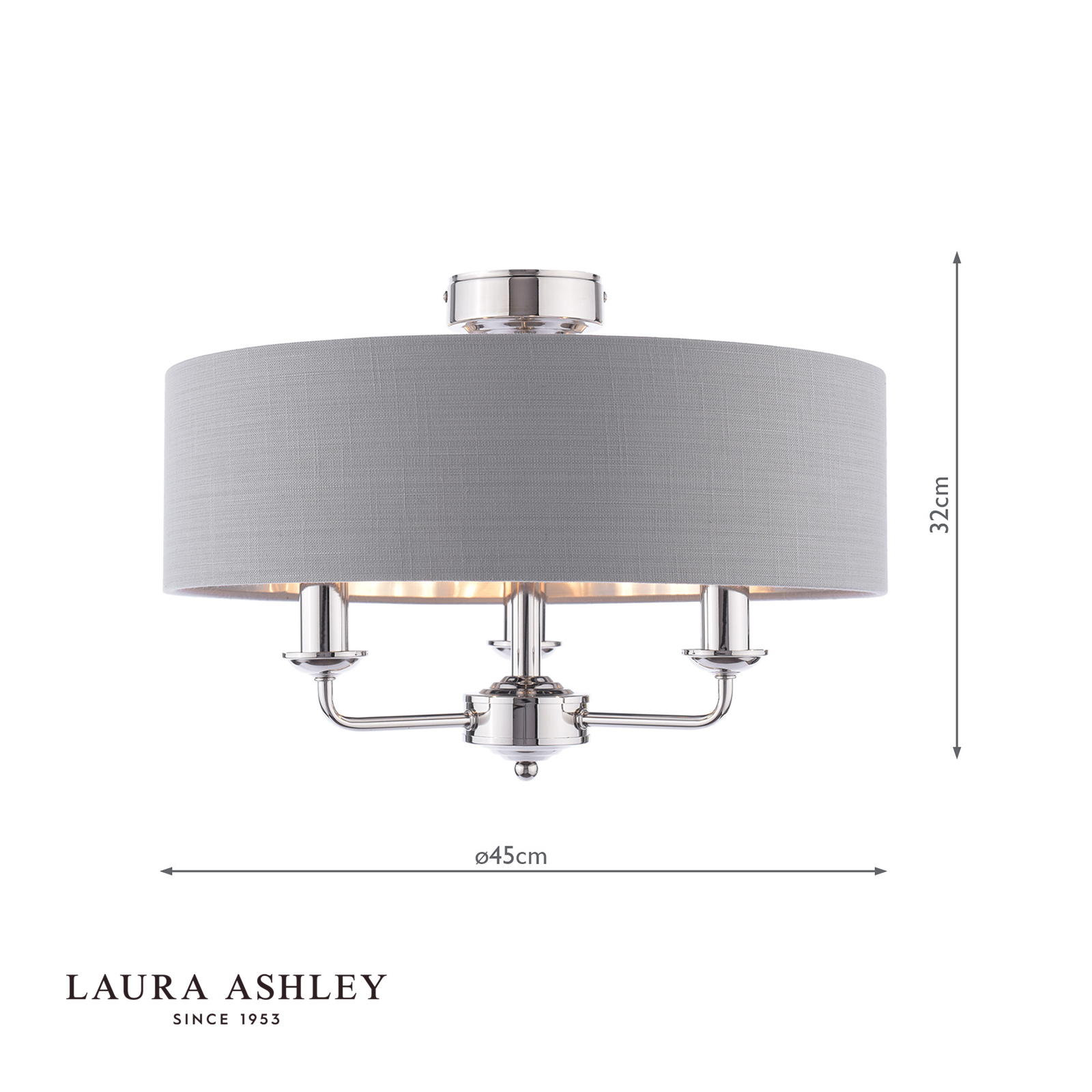 Laura Ashley Sorrento 3 Light Semi-Flush Polished Nickel With Charcoal Shade