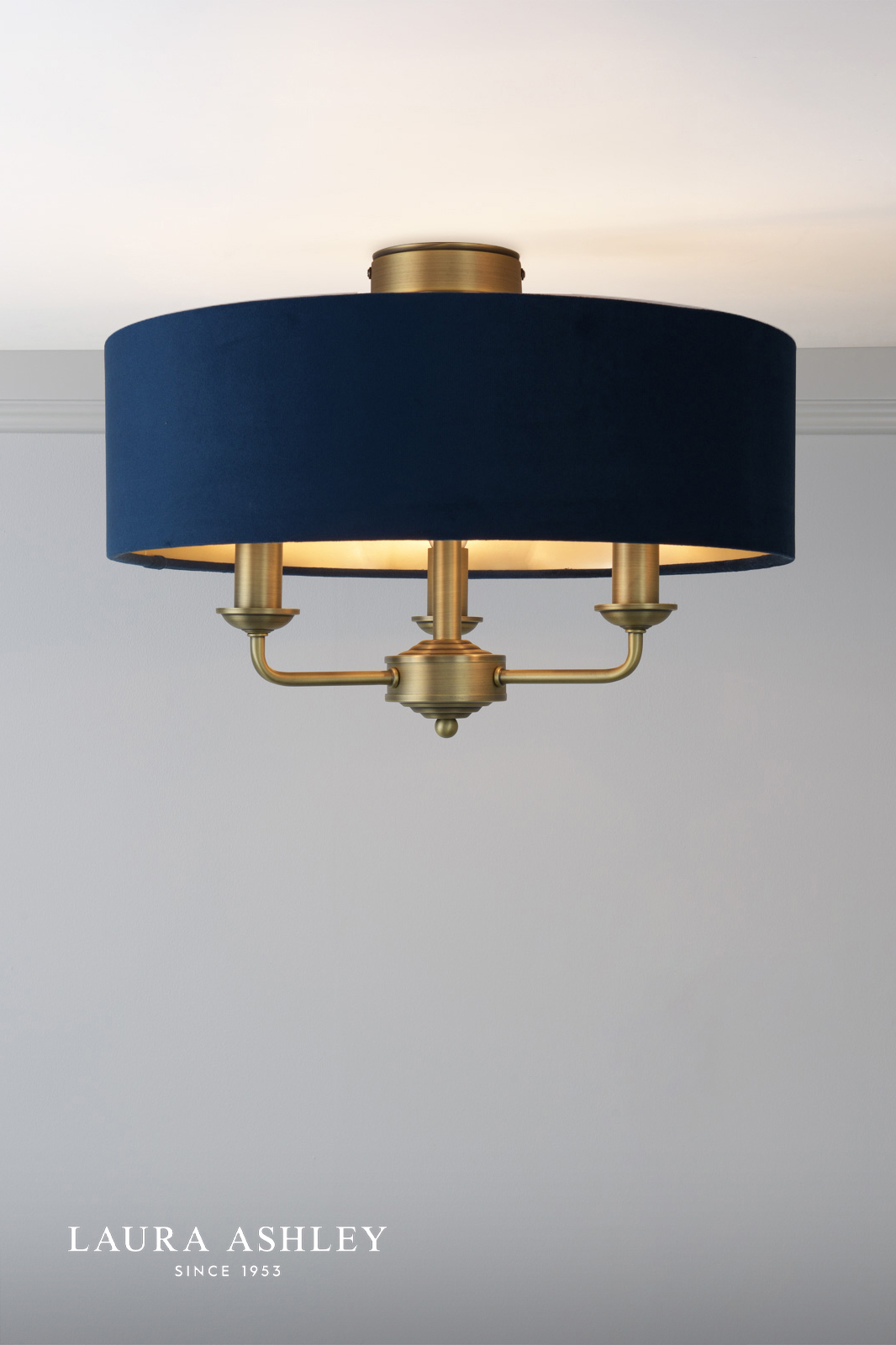 Laura Ashley Sorrento 3 Light Semi-Flush Matt Antique Brass With Blue Shade