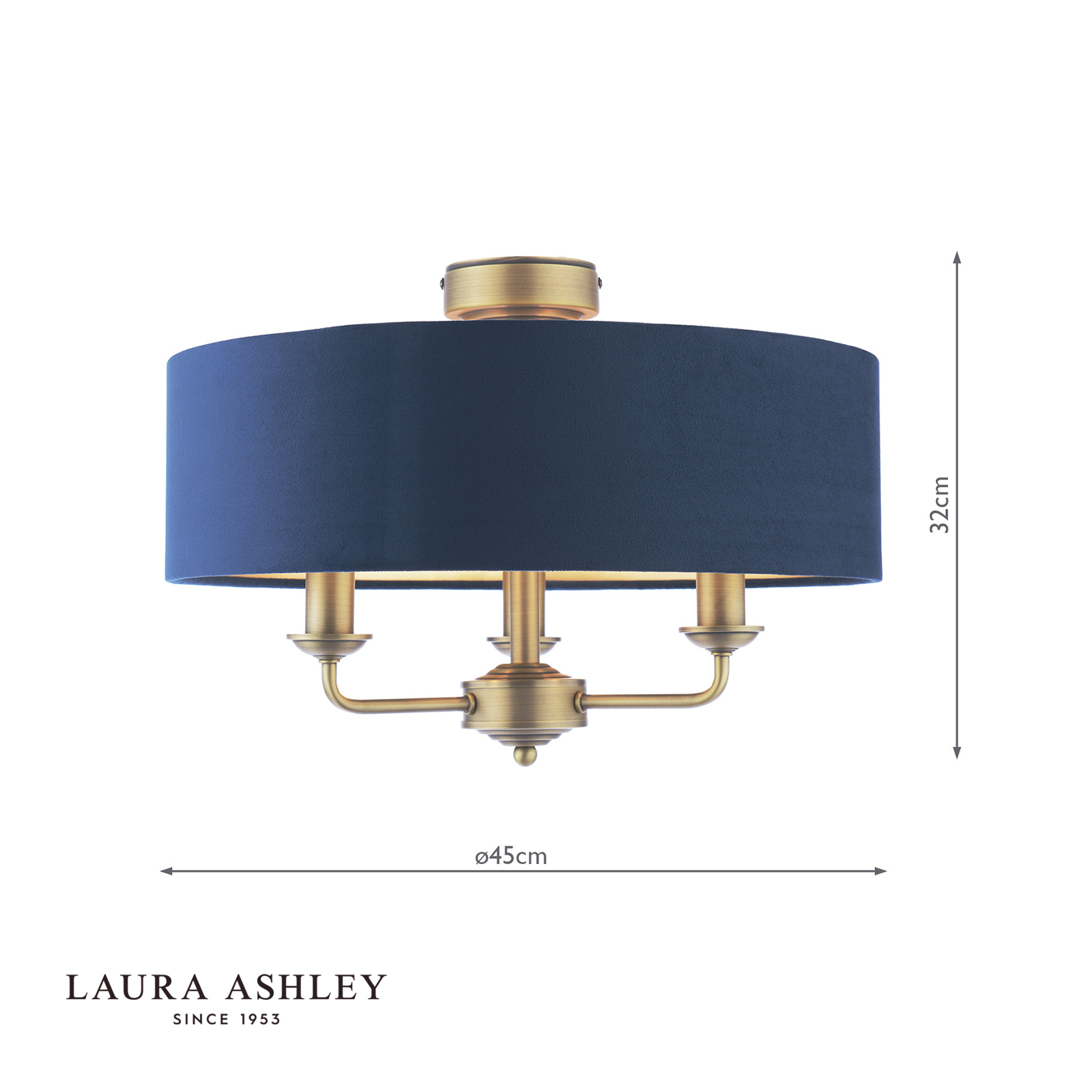 Laura Ashley Sorrento 3 Light Semi-Flush Matt Antique Brass With Blue Shade