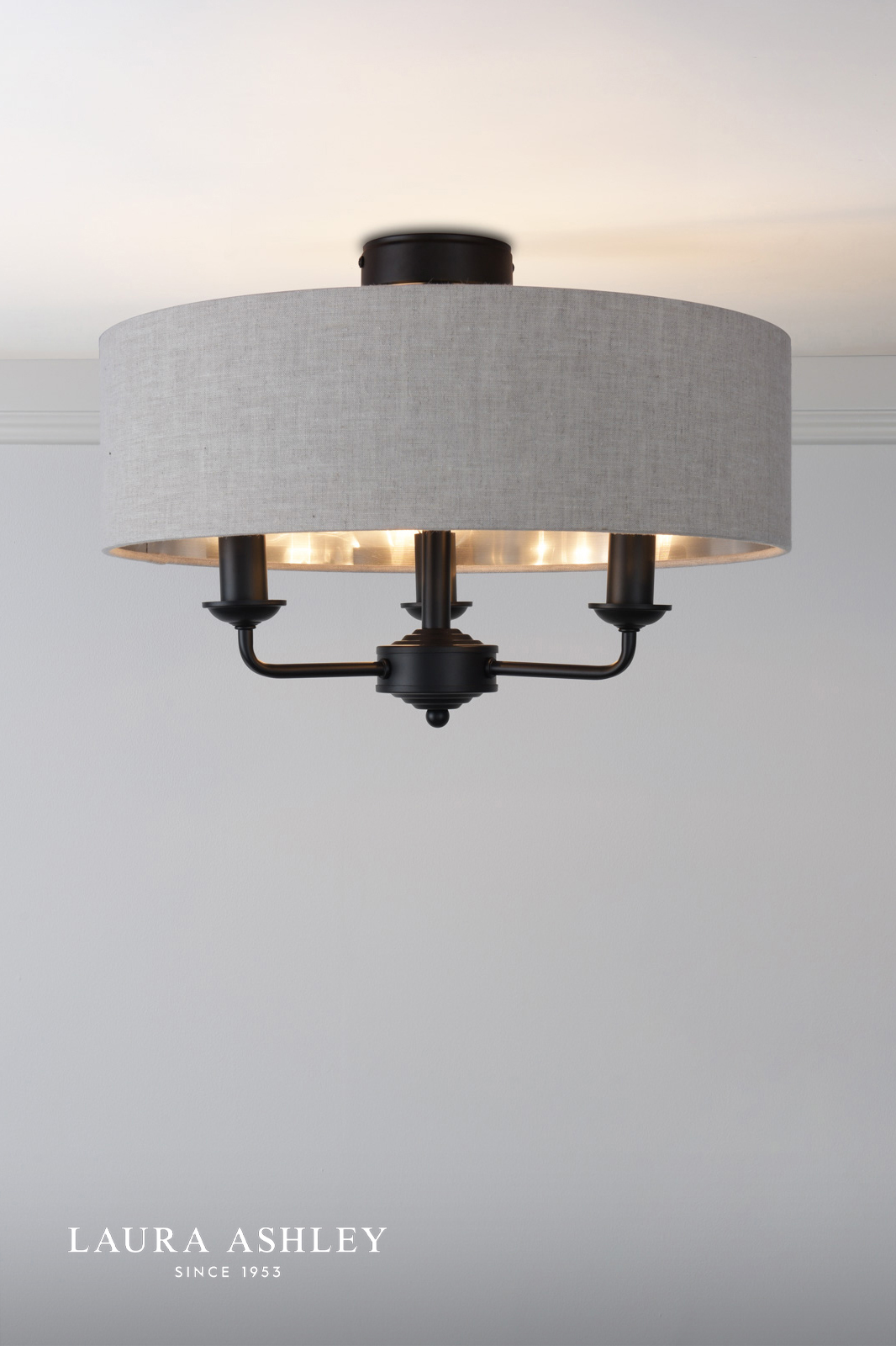 Laura Ashley Sorrento 3 Light Semi-Flush Matt Black With Natural Shade