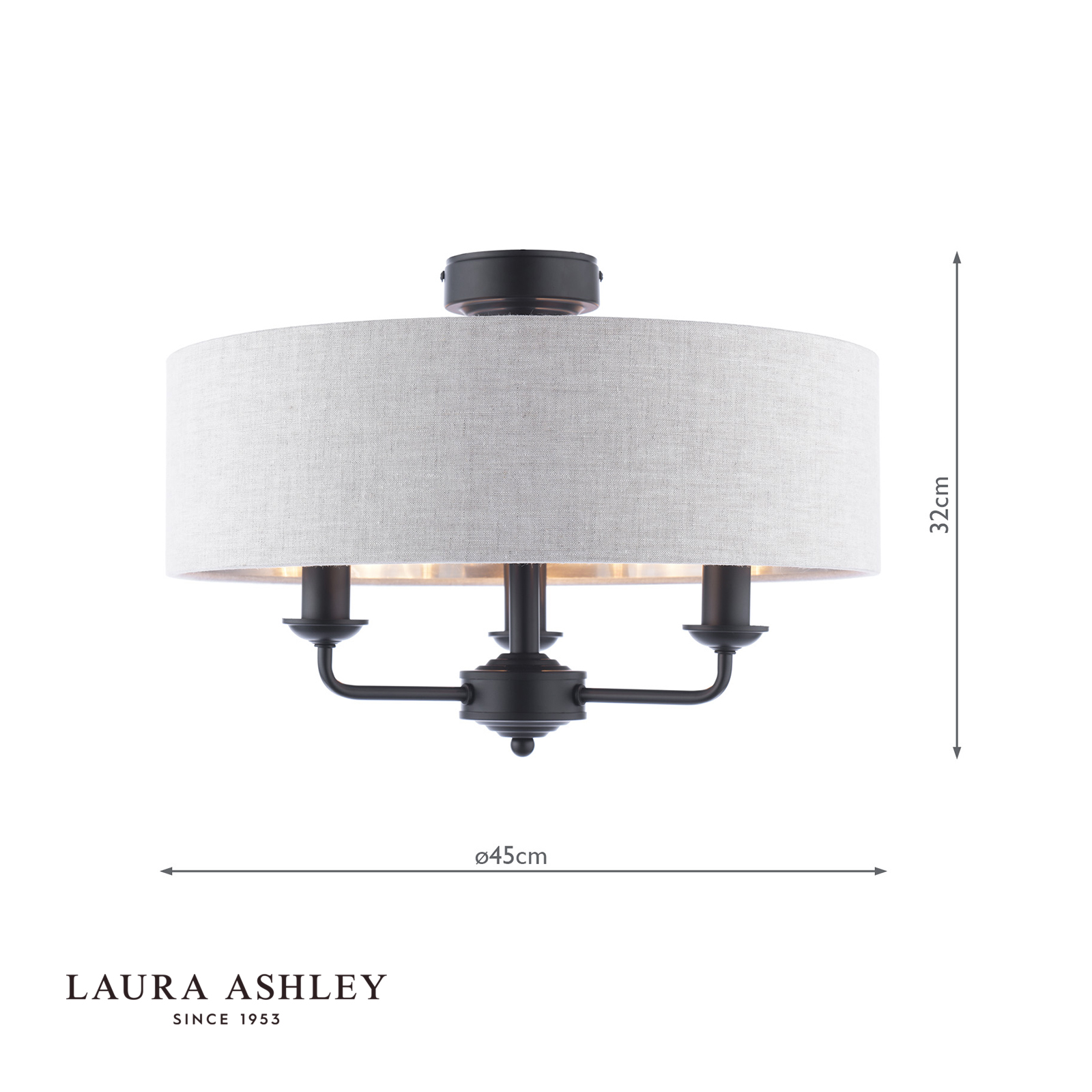 Laura Ashley Sorrento 3 Light Semi-Flush Matt Black With Natural Shade