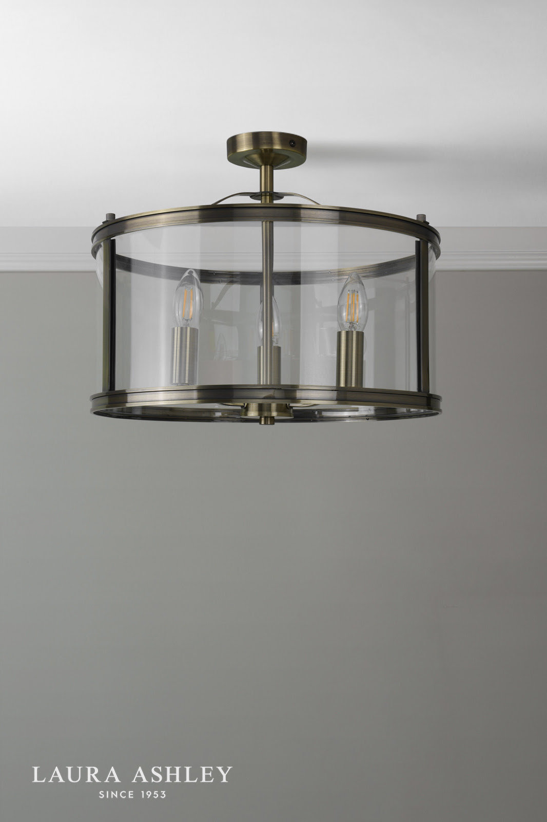 Laura Ashley Harrington 3 Light Semi-Flush Antique Brass and Glass