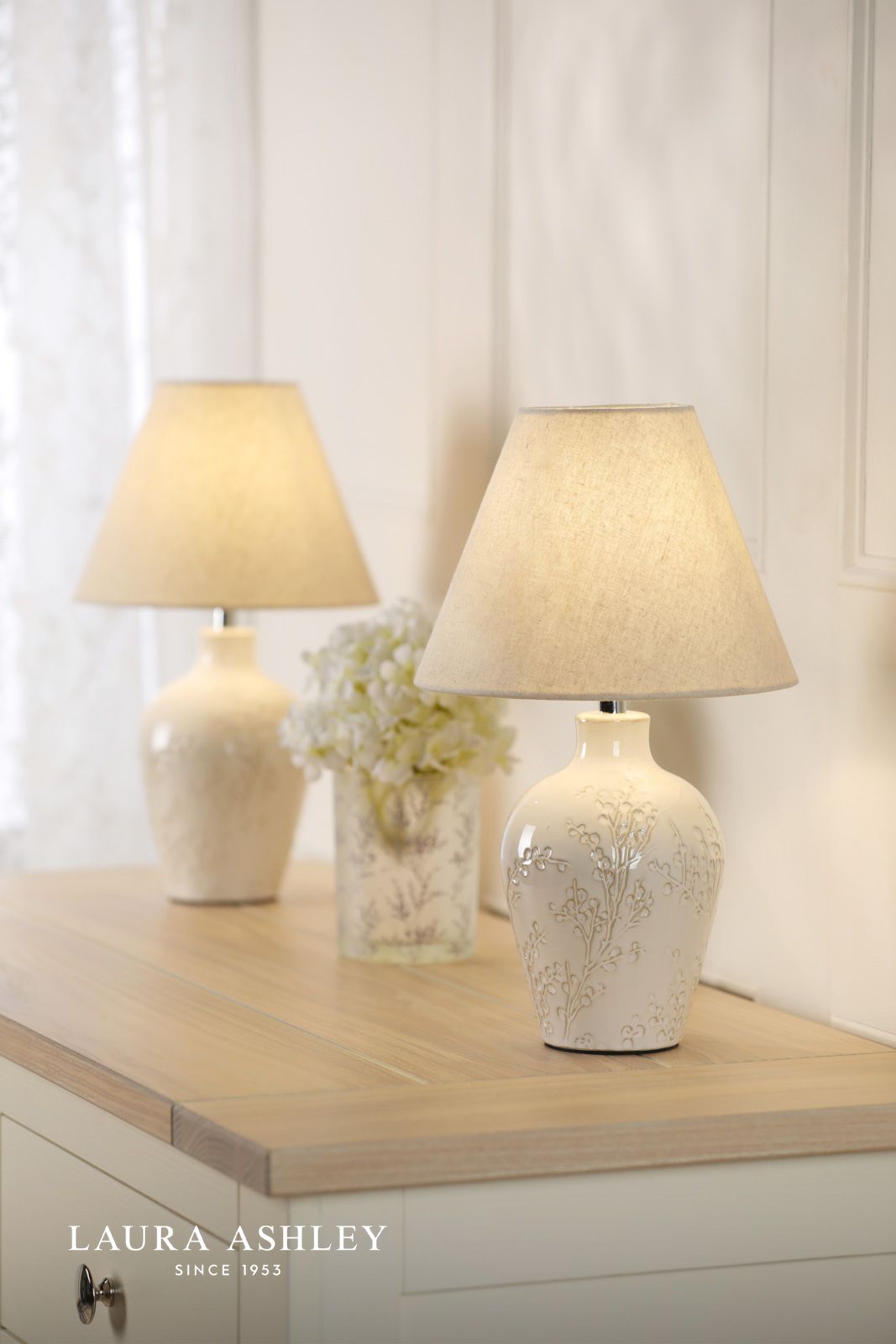 Laura Ashley Pussywillow Table Lamp Cream Ceramic With Shade (Twin Pack)