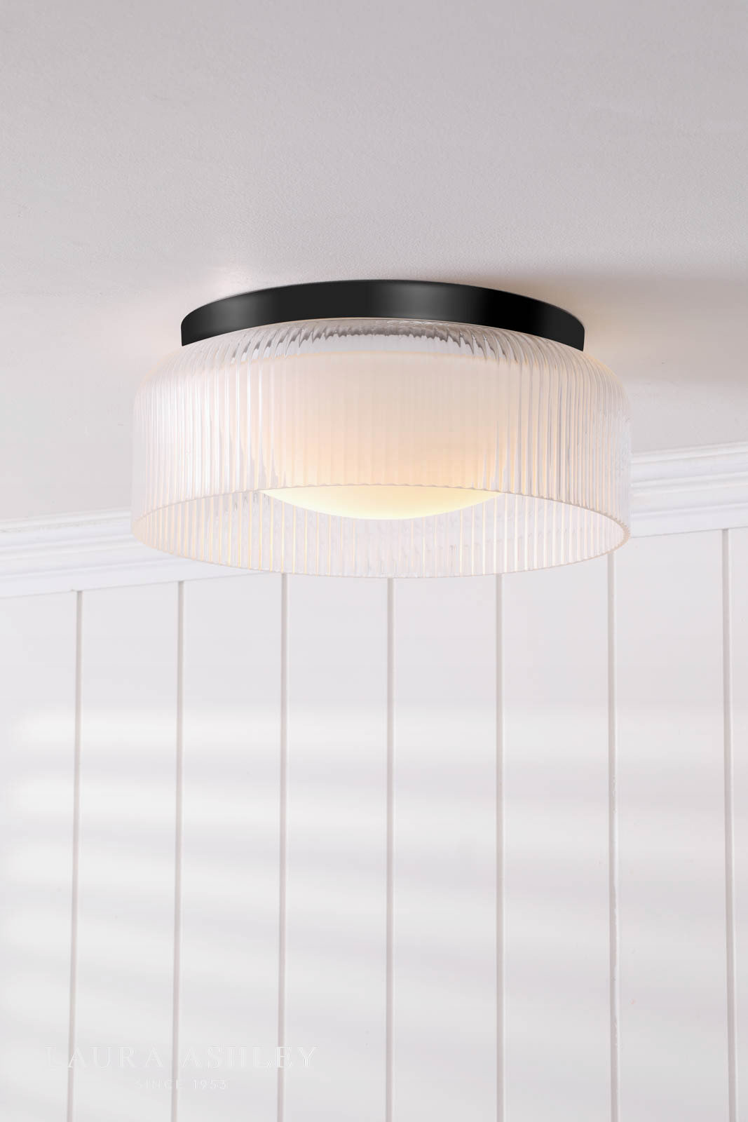 Laura Ashley Charissa Bathroom Ceiling Light Matt Black and Ribbed Glass IP44