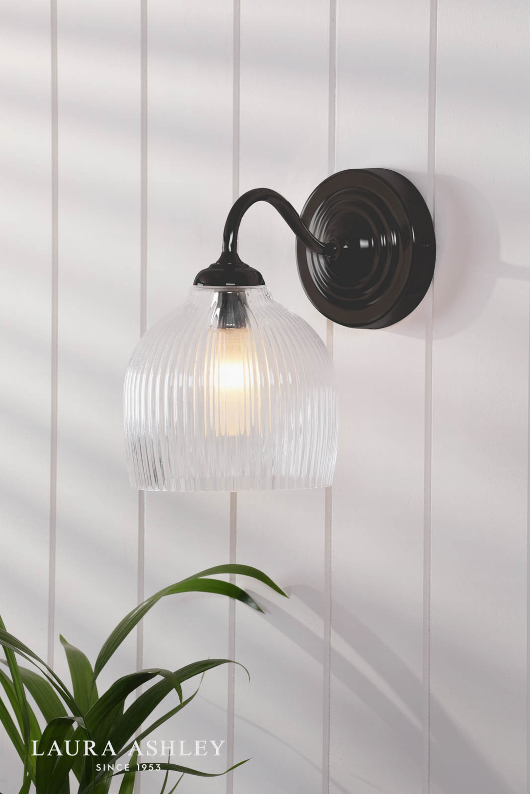 Laura Ashley Charissa Bathroom Wall Light Matt Black and Ribbed Glass IP44