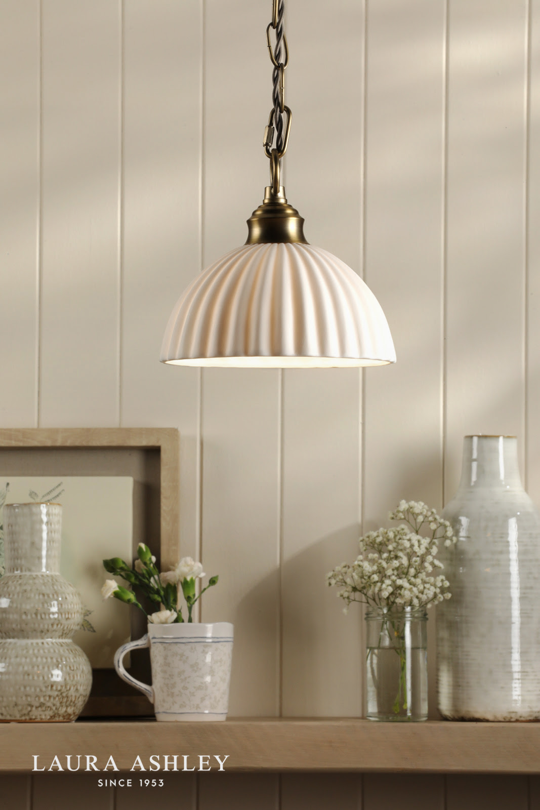 Laura Ashley Durford Small Pendant Matt Antique Brass and White