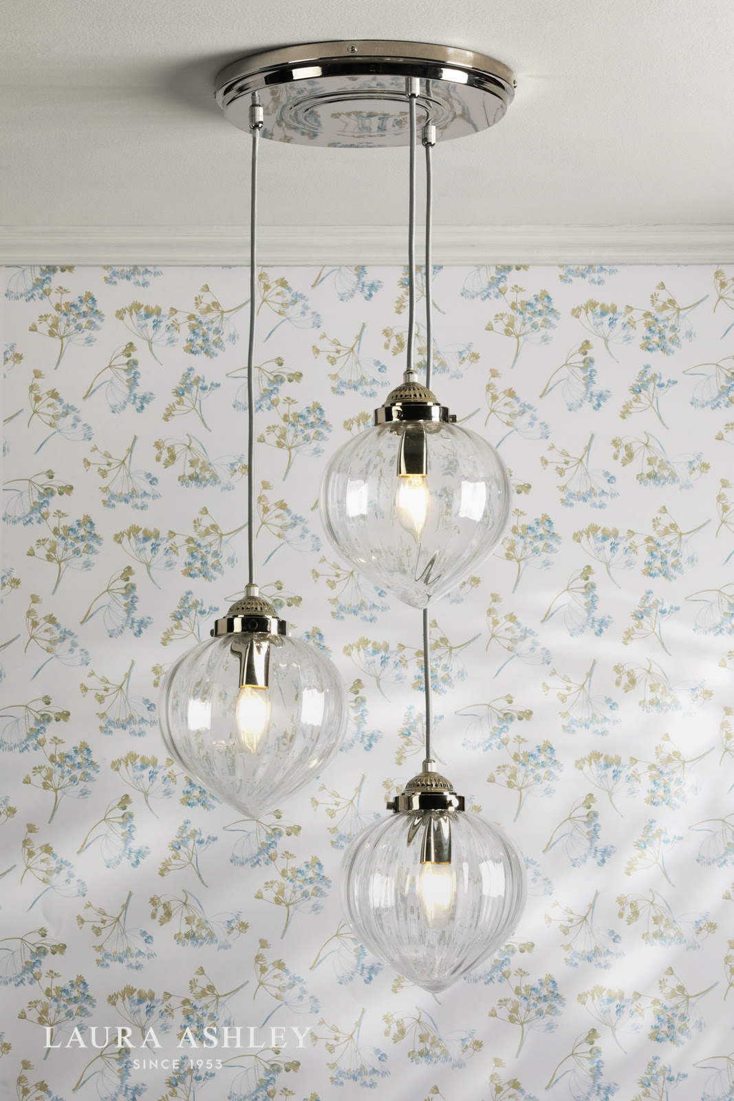 Laura Ashley Whitham 3 Light Cluster Pendant Polished Nickel and Ribbed Glass