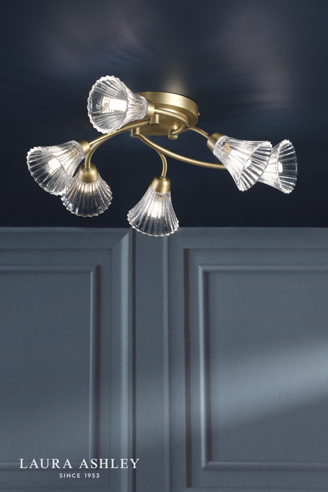 Laura Ashley Lanton 6 Light Semi-Flush Matt Antique Brass and Ribbed Glass