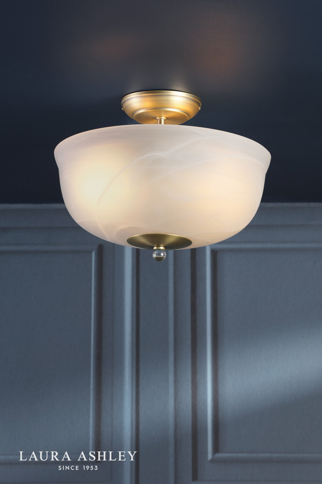 Laura Ashley Cossington 2 Light Semi-Flush Matt Antique Brass and White Marble Effect Glass