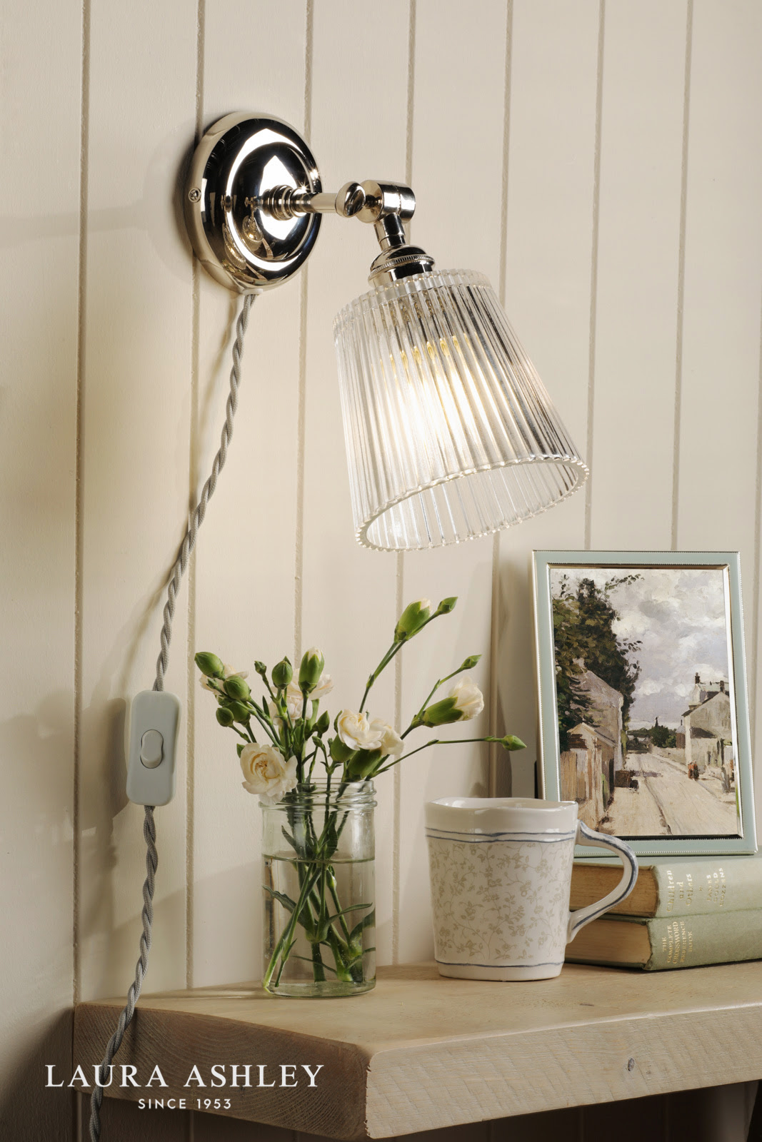 Laura Ashley Callaghan Plugged Wall Light Polished Nickel and Ribbed Glass