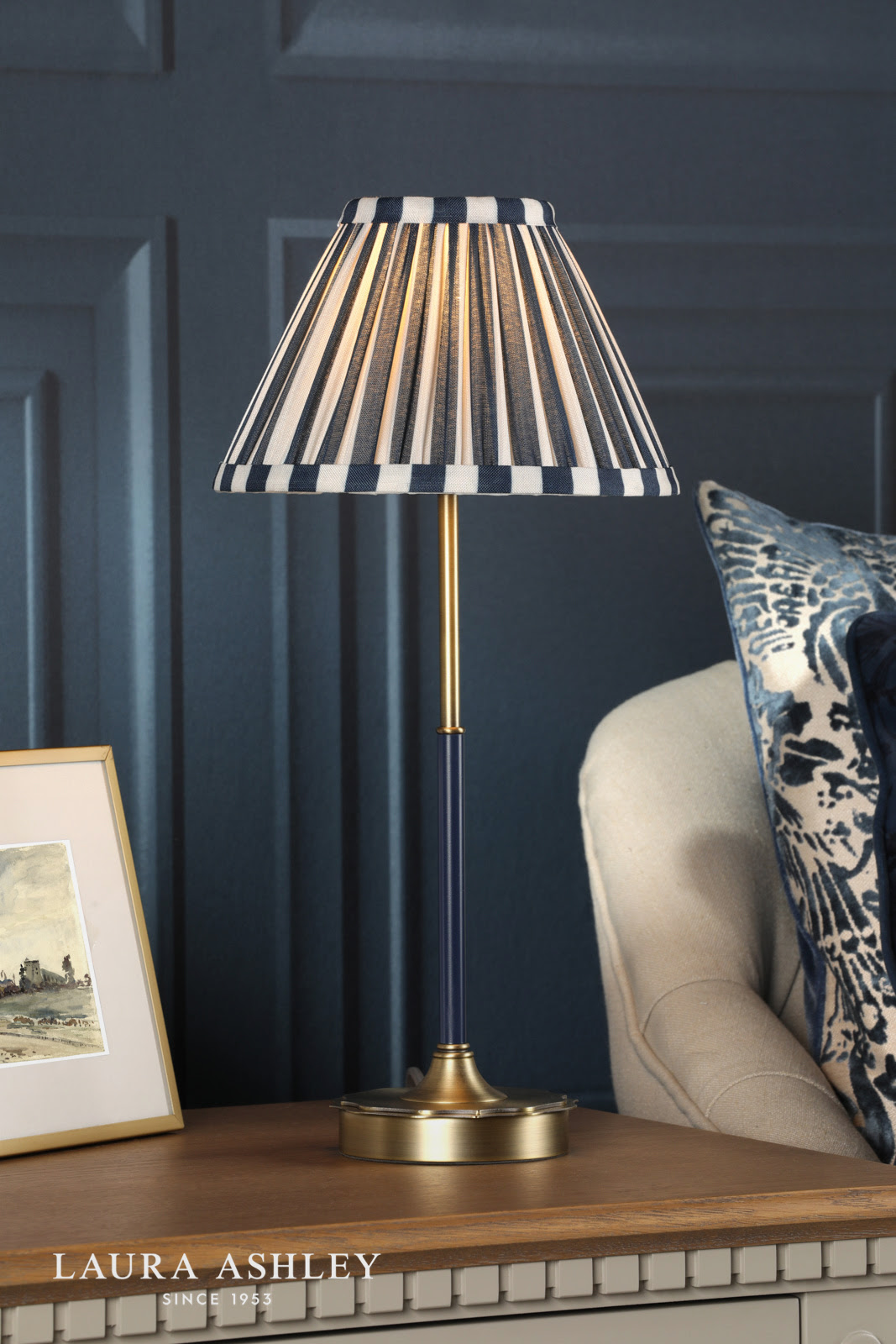 Laura Ashley Denwick Table Lamp Matt Antique Brass and Satin Blue With Shade