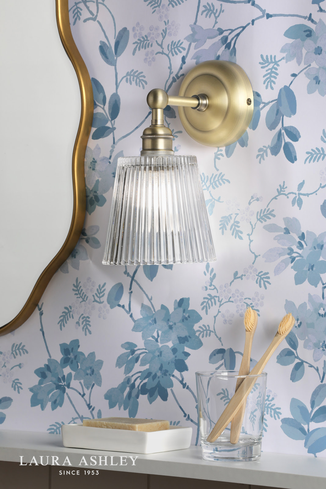 Laura Ashley Callaghan Bathroom Wall Light Matt Antique Brass and Ribbed Glass IP44