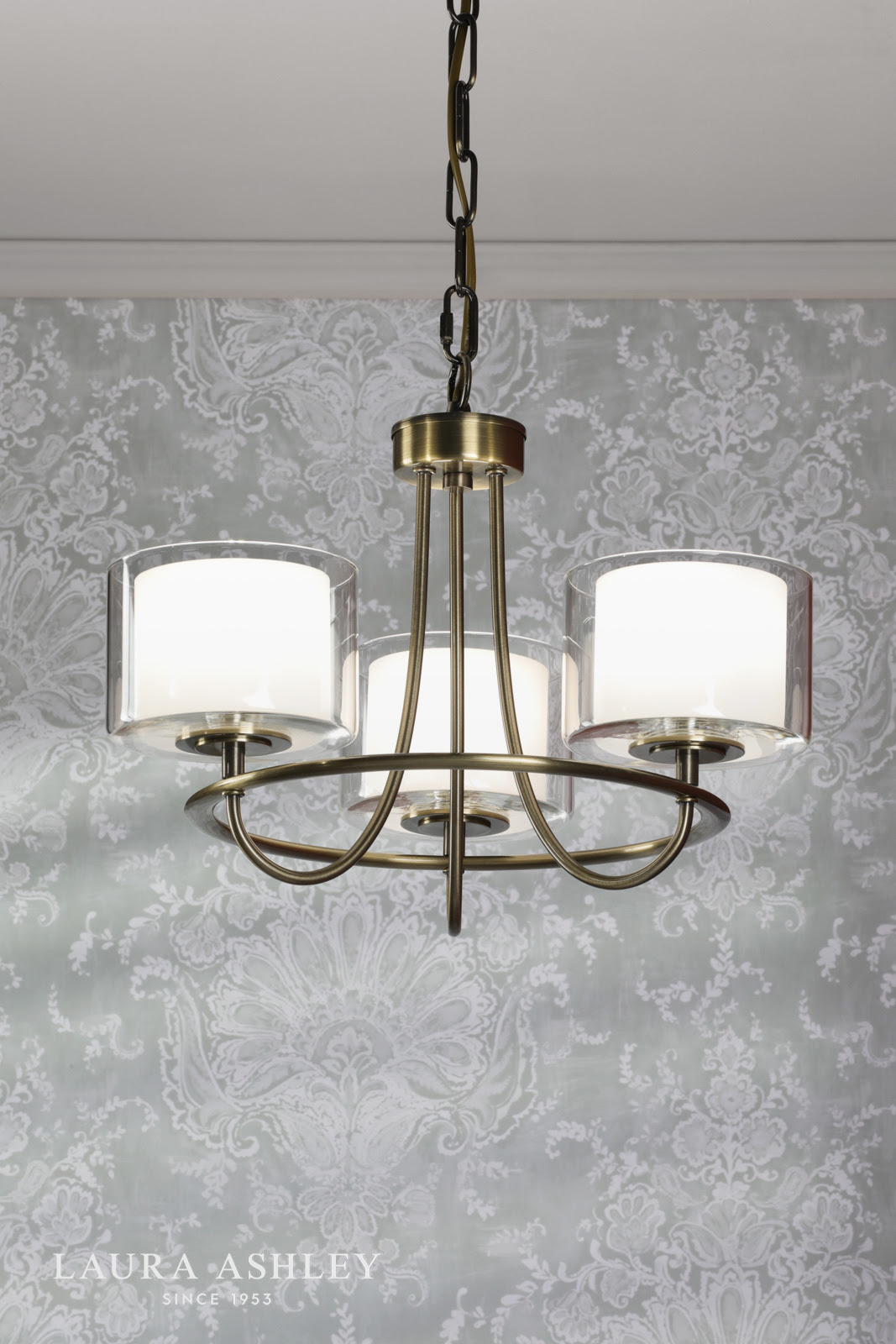 Laura Ashley Southwell 3 Light Armed Pendant Antique Brass and Opal Glass