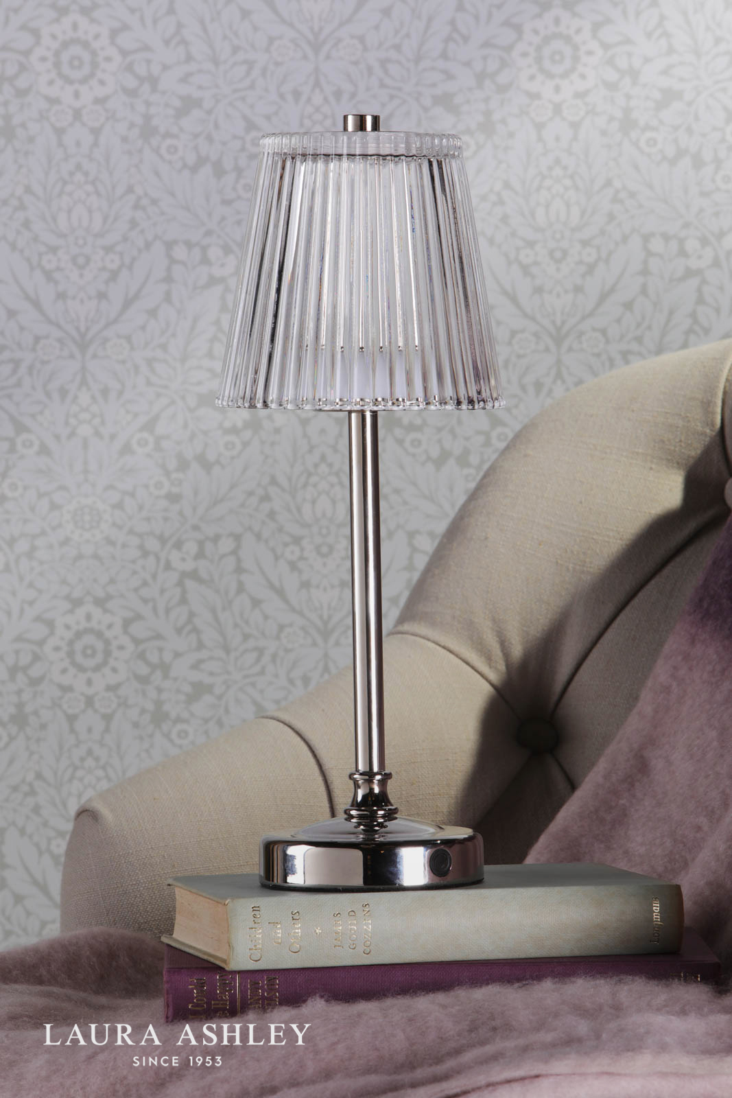 Laura Ashley Callaghan Rechargeable Table Lamp Polished Nickel and Ribbed Glass LED