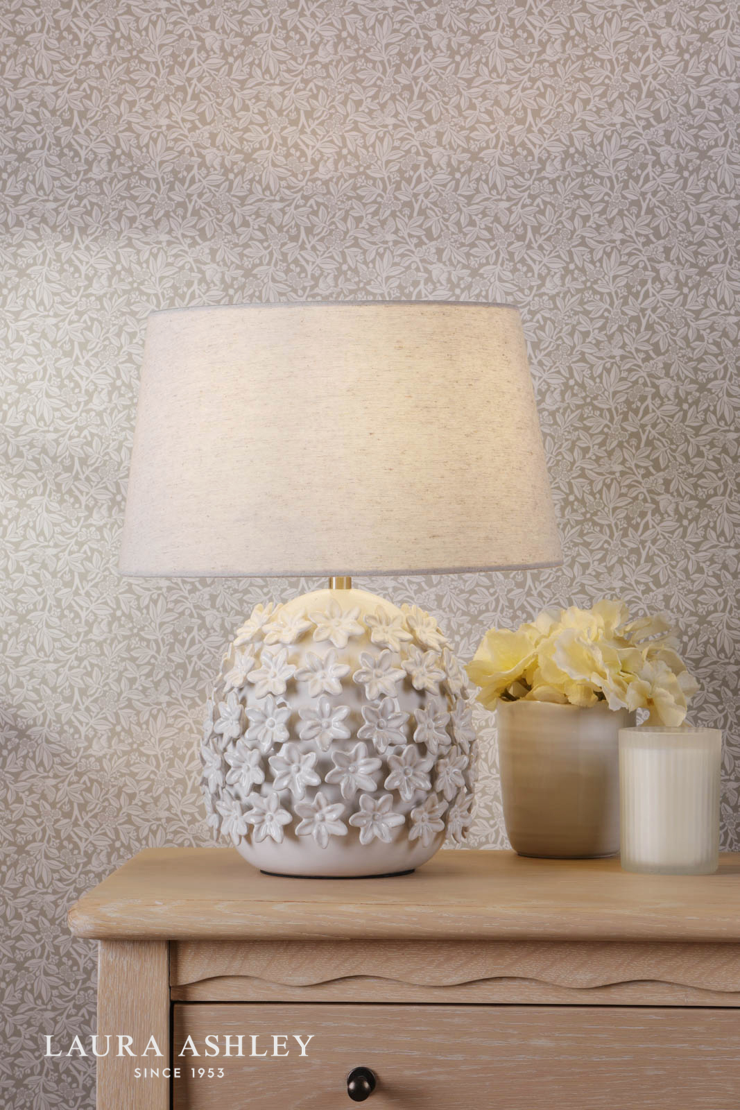 Laura Ashley Ingham Table Lamp White Ceramic and Brushed Silver With Shade