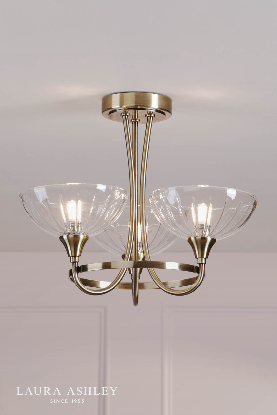 Laura Ashley Wellham 3 Light Semi-Flush Antique Brass and Ribbed Glass