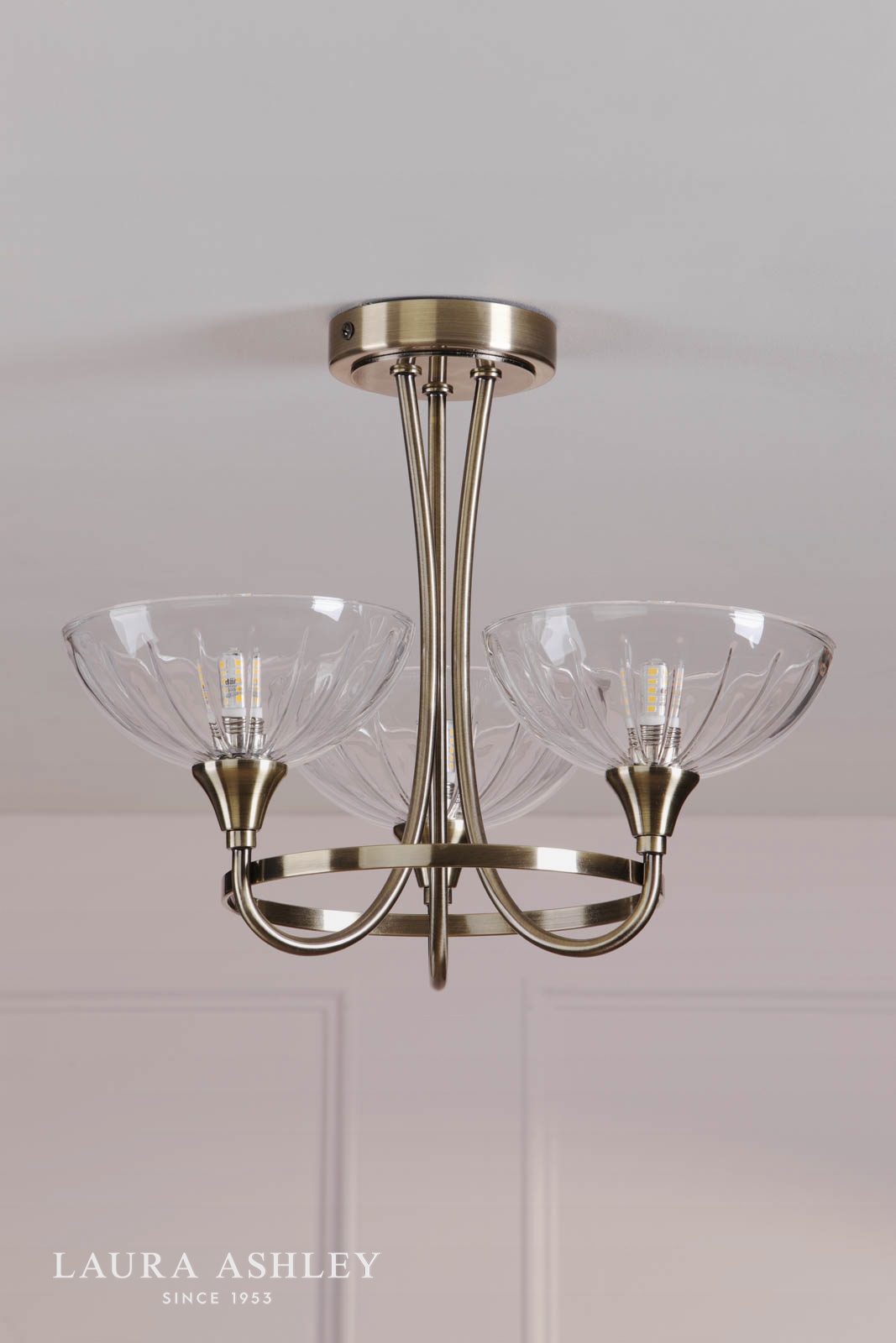 Laura Ashley Wellham 3 Light Semi-Flush Antique Brass and Ribbed Glass