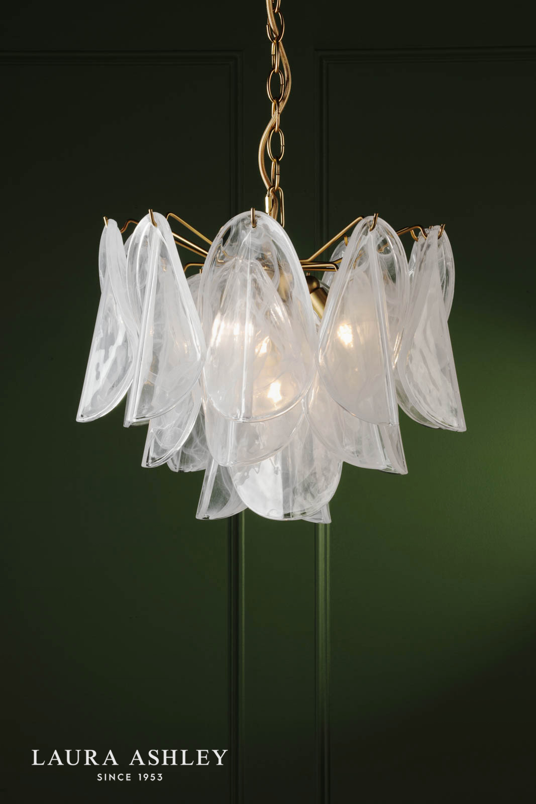 Laura Ashley Stannington 4 Light Pendant Matt Antique Brass and White Glass