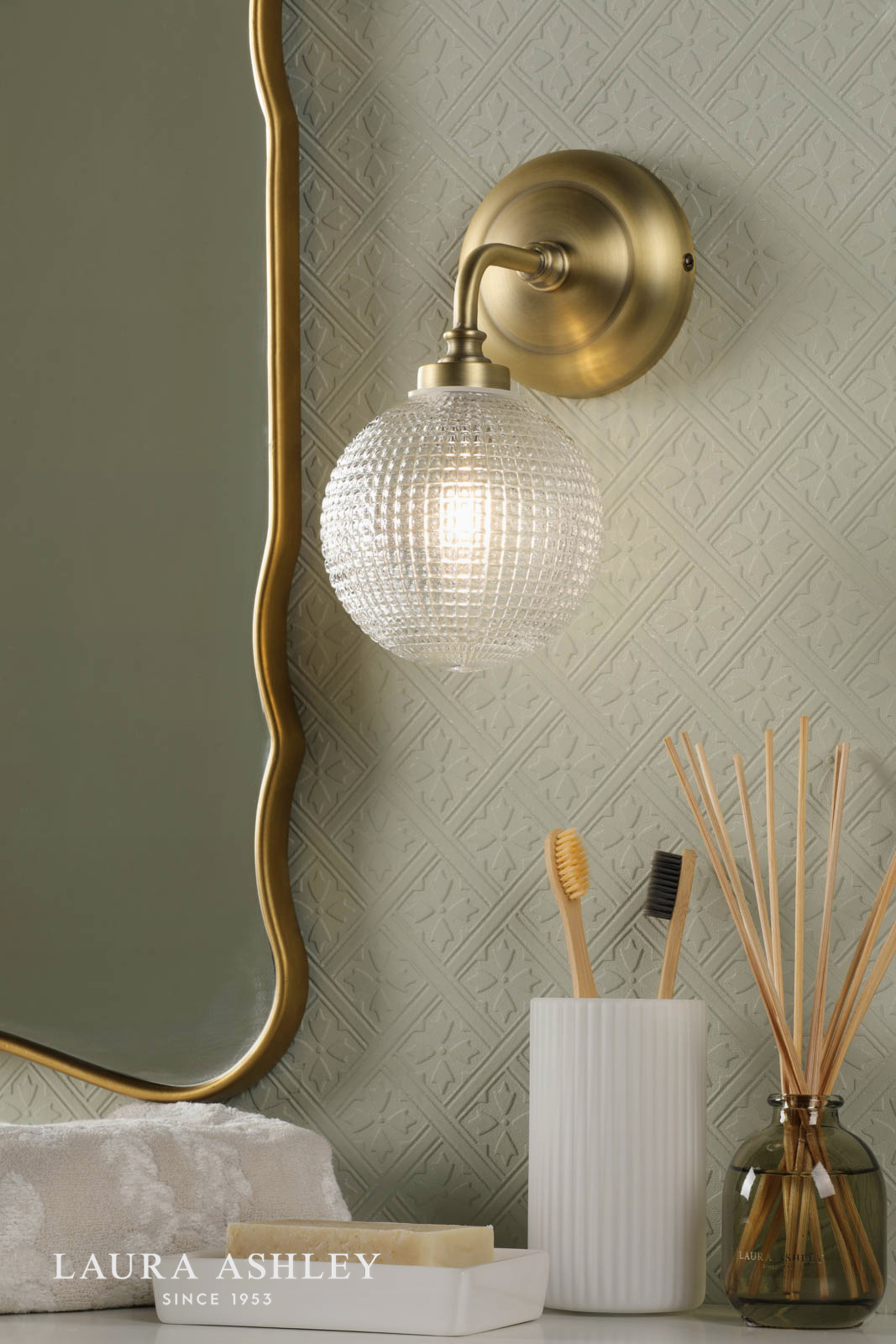 Laura Ashley Langdon Bathroom Wall Light Matt Antique Brass and Textured Glass IP44