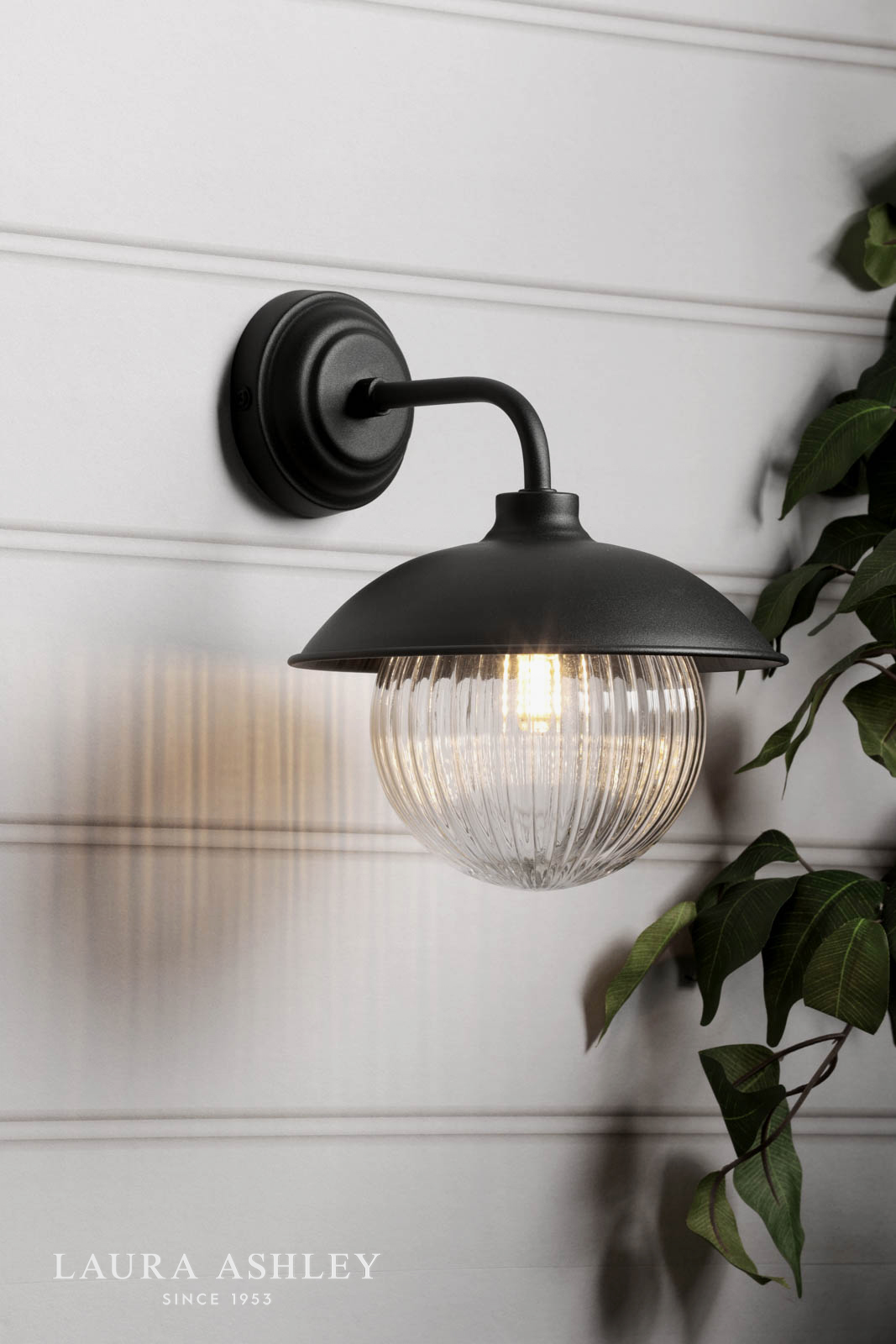 Laura Ashley Hatton Outdoor Wall Light Matt Black and Ribbed Glass IP44