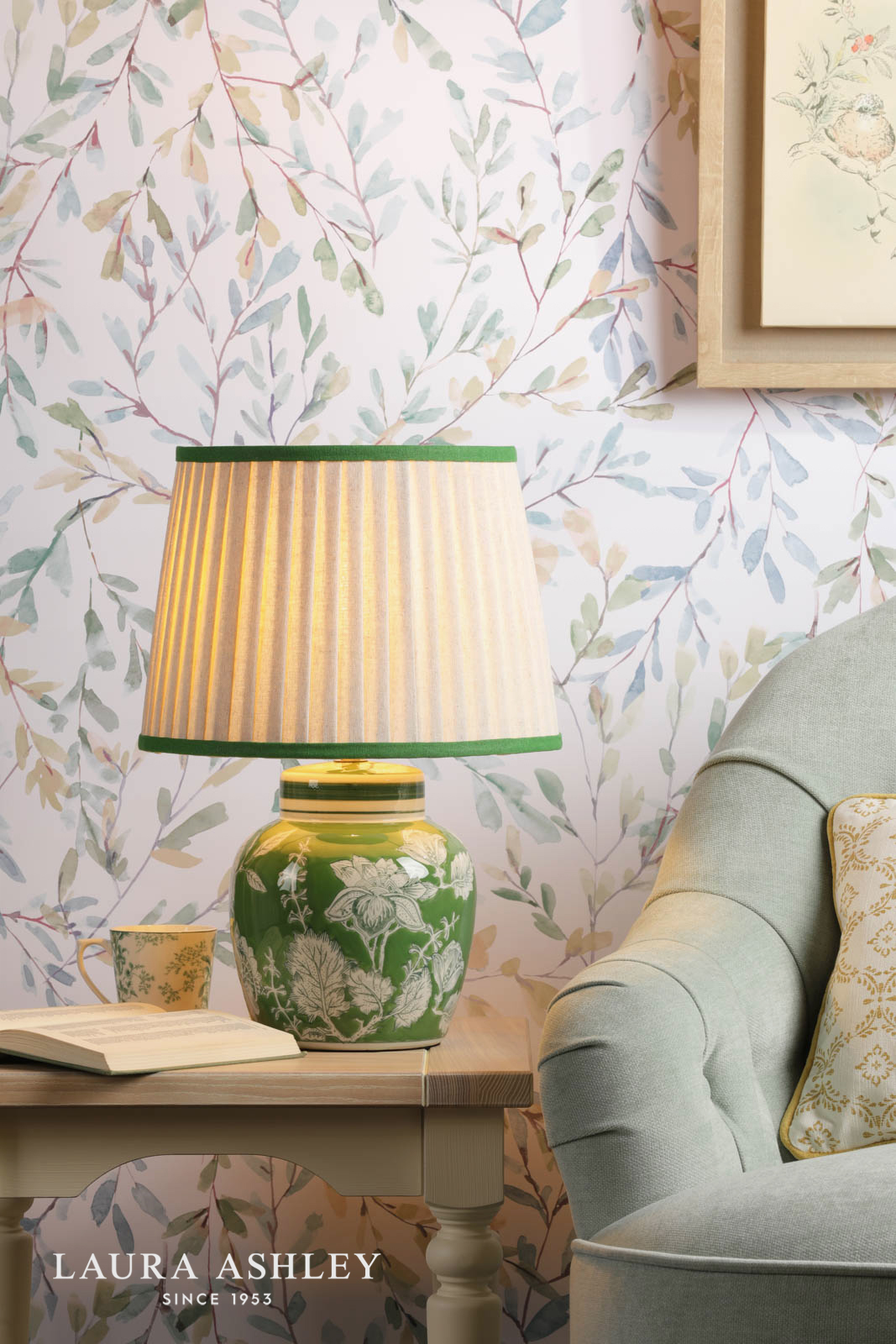 Laura Ashley Colwich Table Lamp Green Ceramic and Antique Brass With Shade