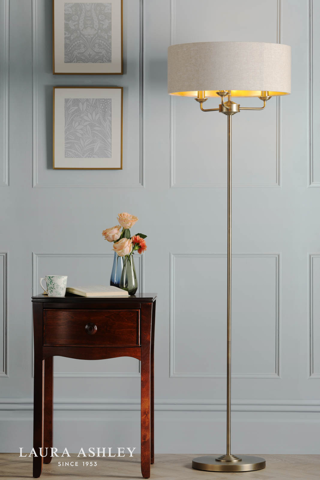 Laura Ashley Sorrento 3 Light Floor Lamp Matt Antique Brass With Natural Shade