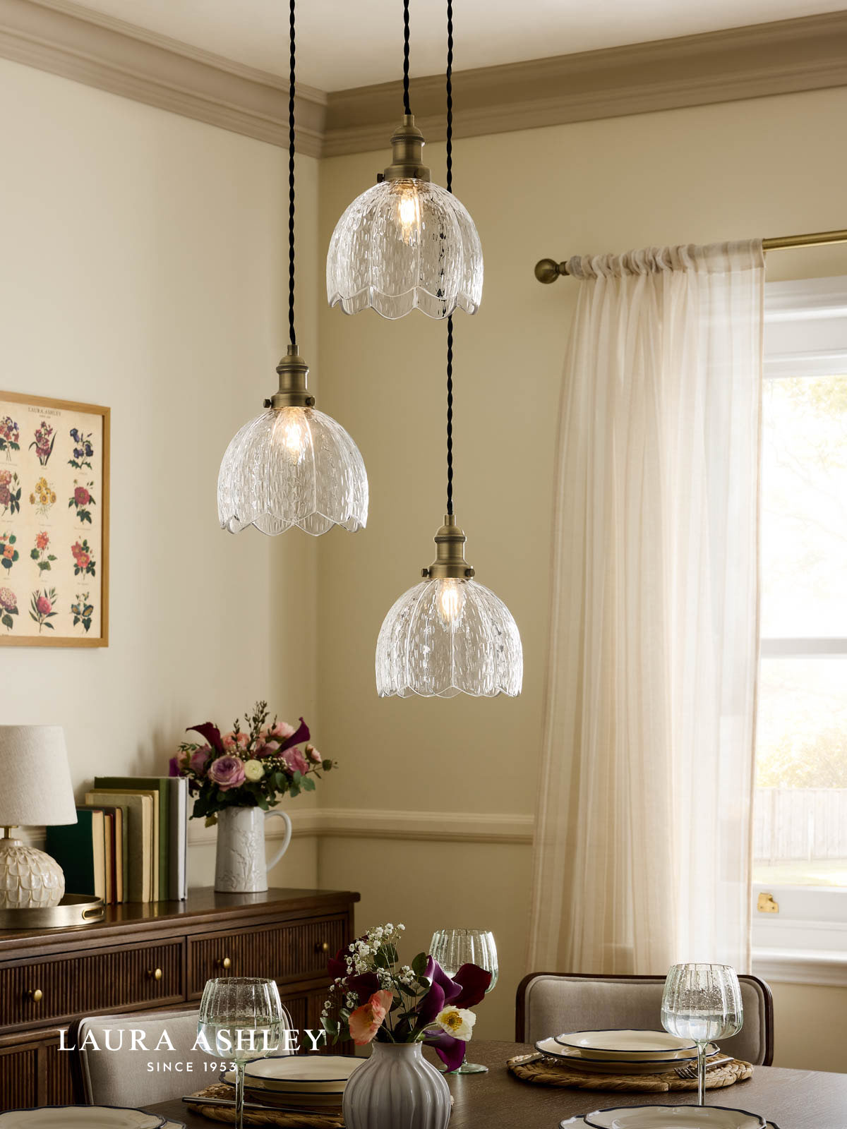 Laura Ashley Vintage 3 Light Cluster Pendant Textured Glass and Matt Antique Brass