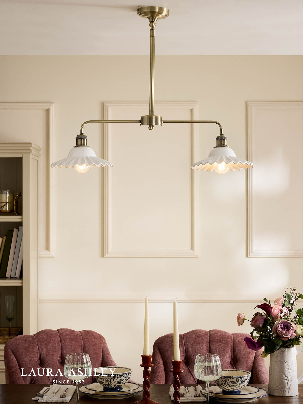 Laura Ashley Beca 2 Light Bar Pendant White Ceramic and Antique Brass