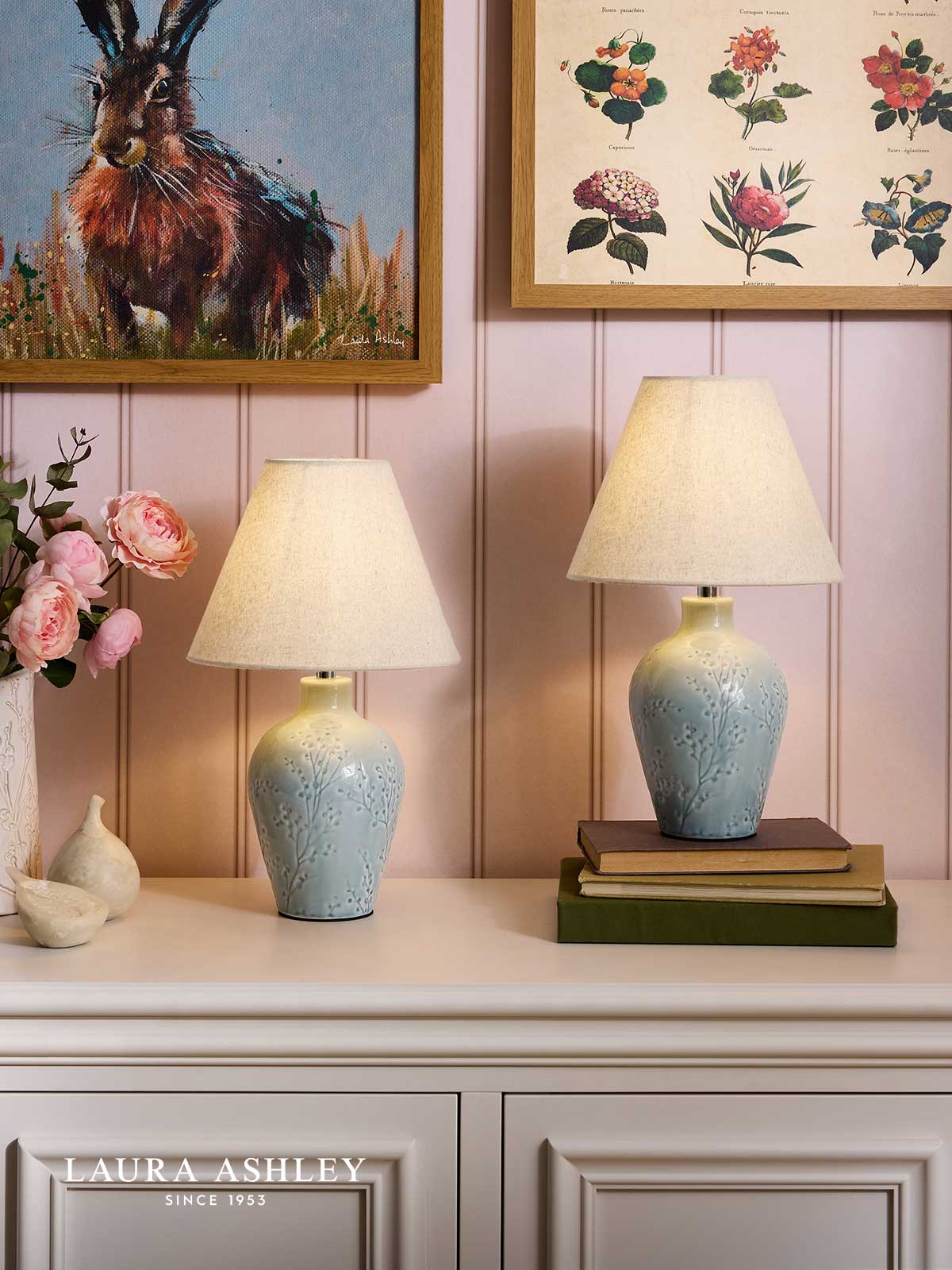 Laura Ashley Pussywillow Twin Pack Table Lamp Blue Ceramic and Polished Chrome With Shade
