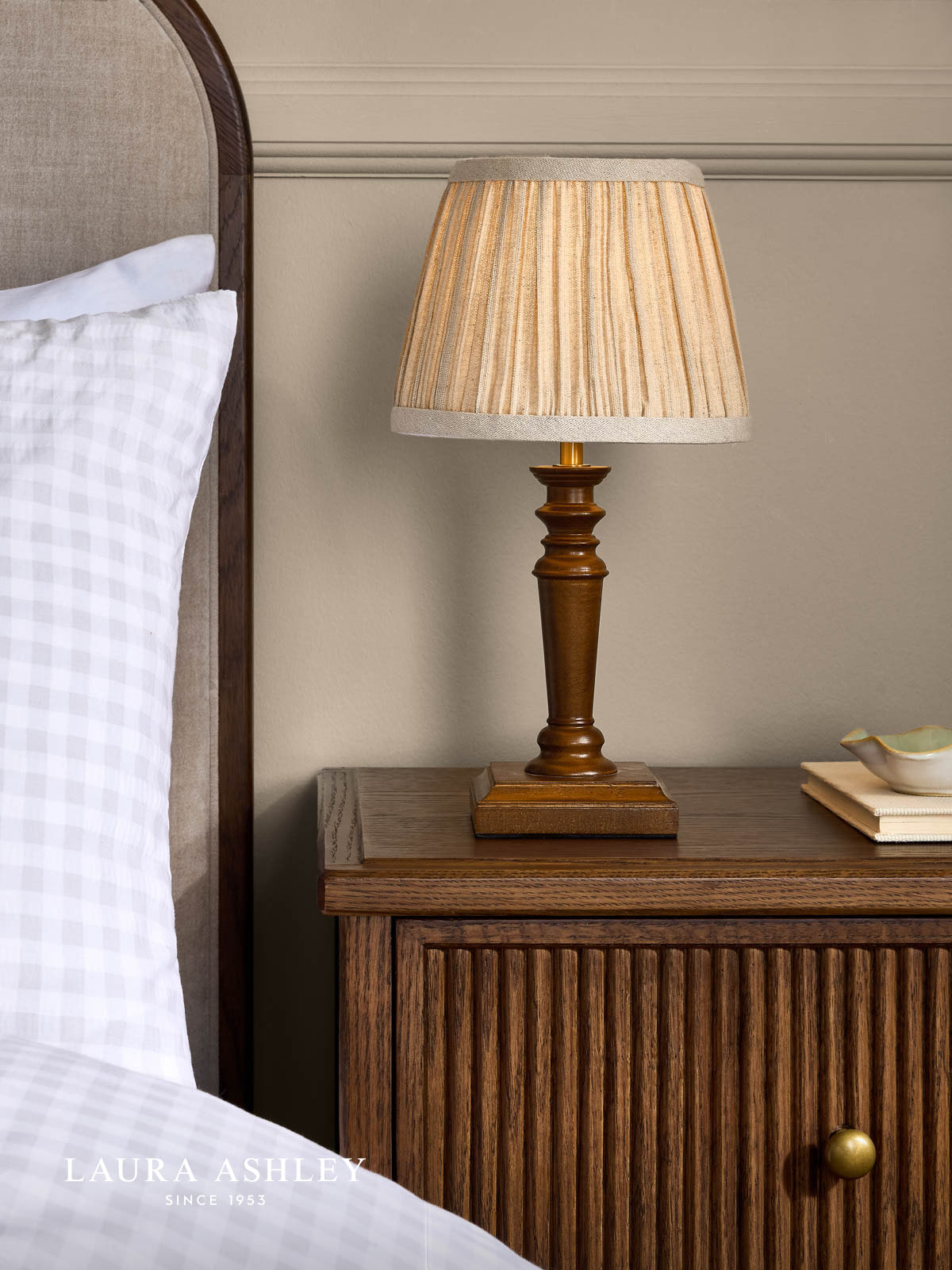 Laura Ashley Tate Twin Pack Table Lamp Dark Wood and Satin Bronze With Shade